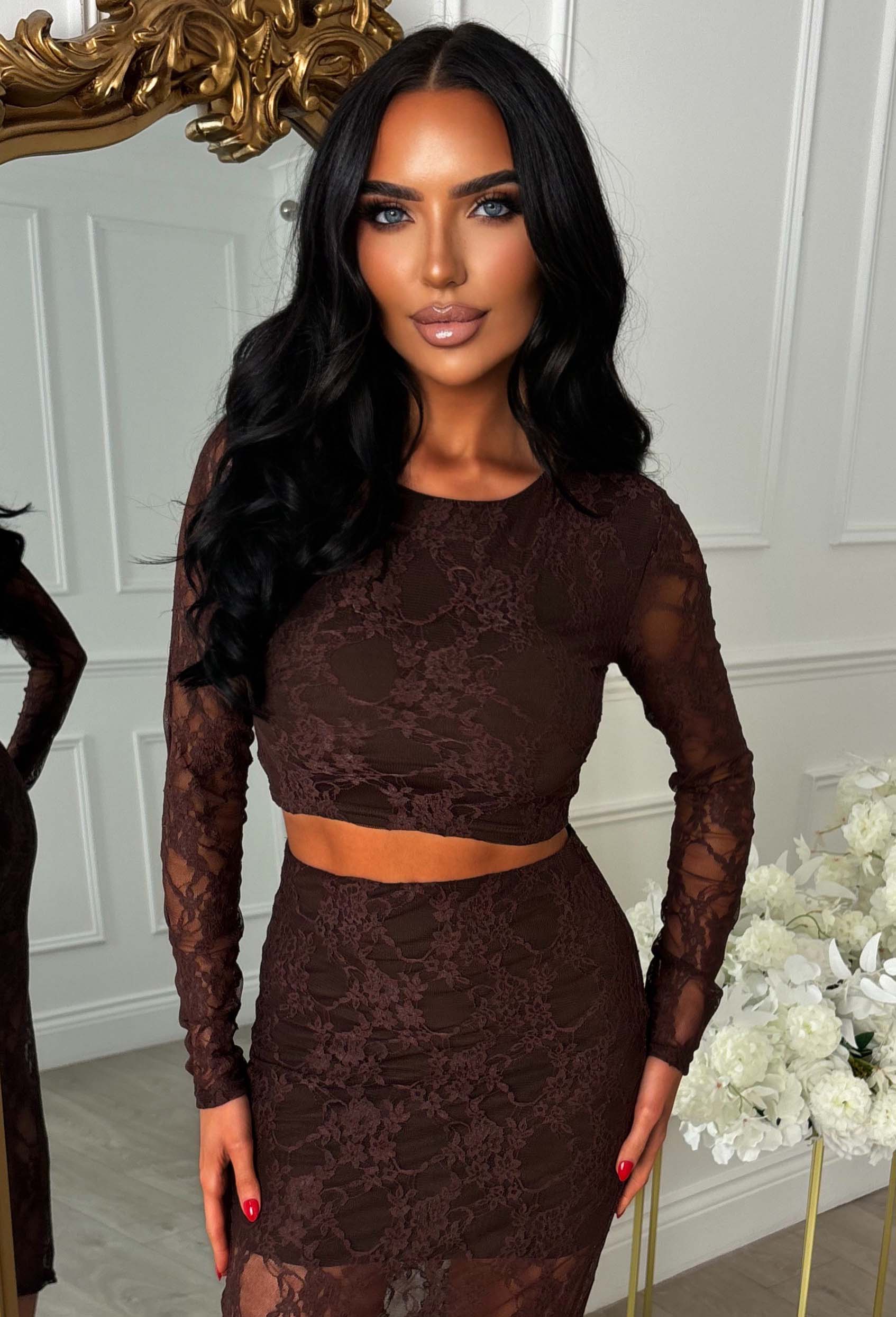 Secrets Exposed Brown Lace Midi Skirt Co-ord Set
