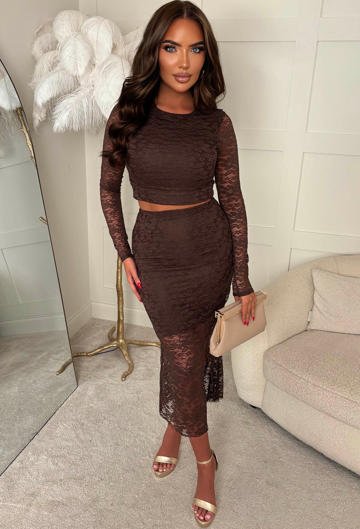 Secrets Exposed Brown Lace Midi Skirt Co-ord Set
