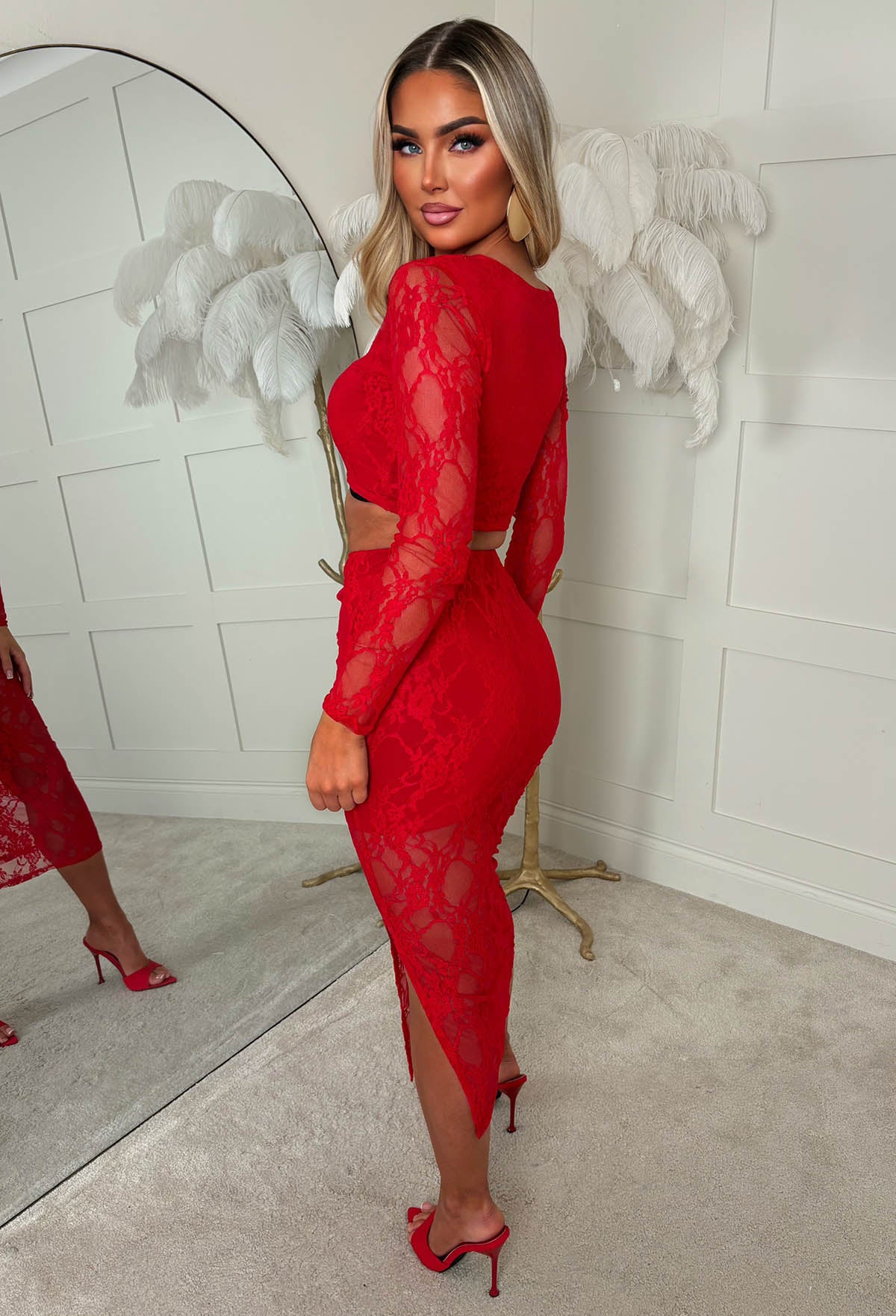 Secrets Exposed Red Lace Mid Skirt Co-ord Set
