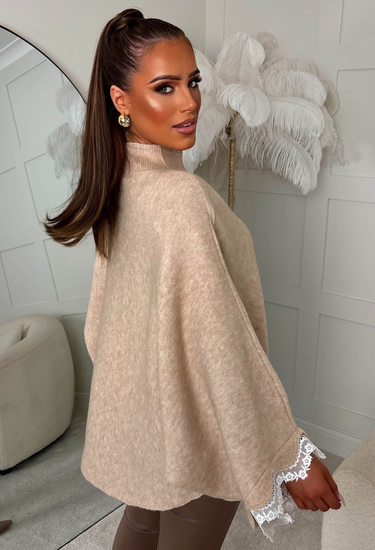 See Through Me Beige Lace Trim Flared Sleeve Jumper