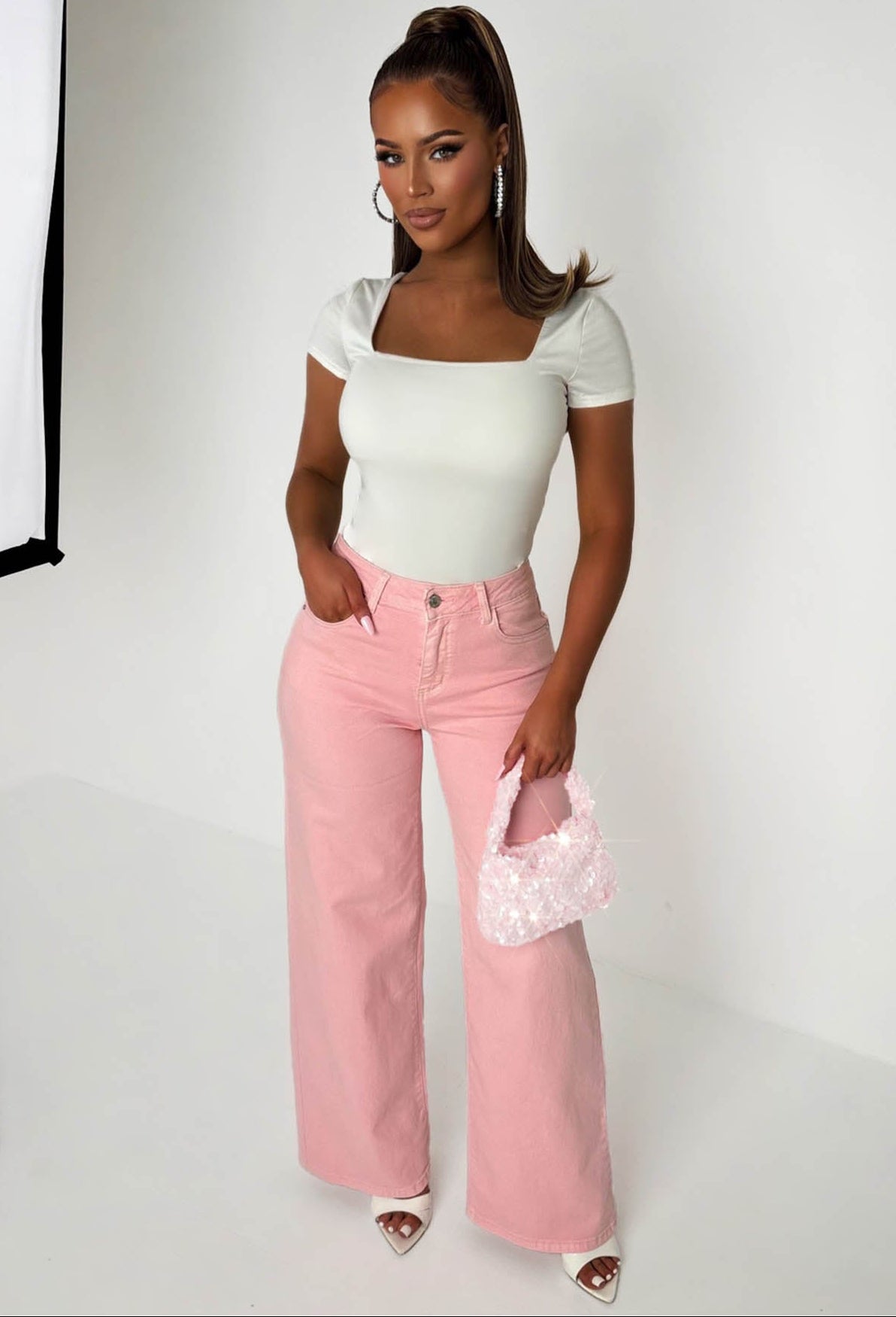 Seek Me Out Light Pink Ripped Denim Hot Fix Stretch Jeans