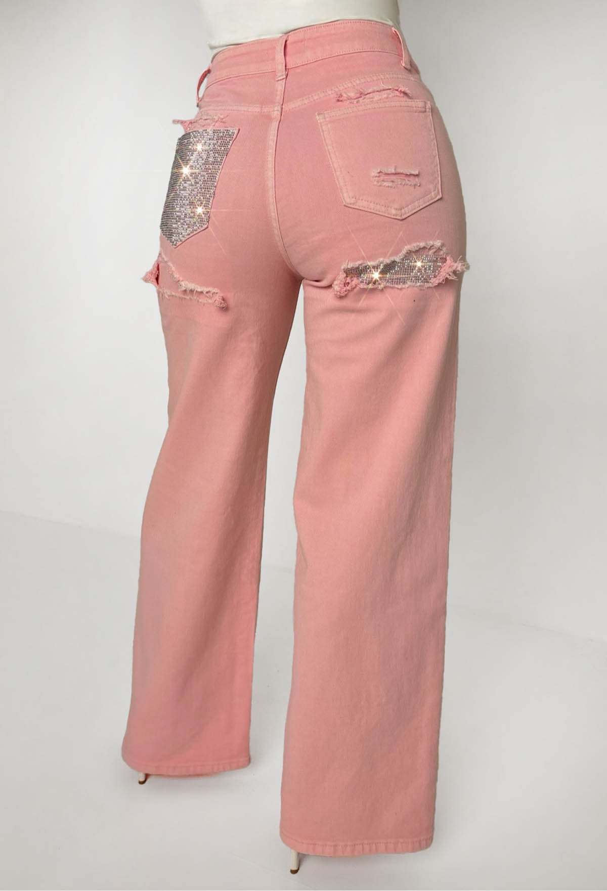 Seek Me Out Light Pink Ripped Denim Hot Fix Stretch Jeans
