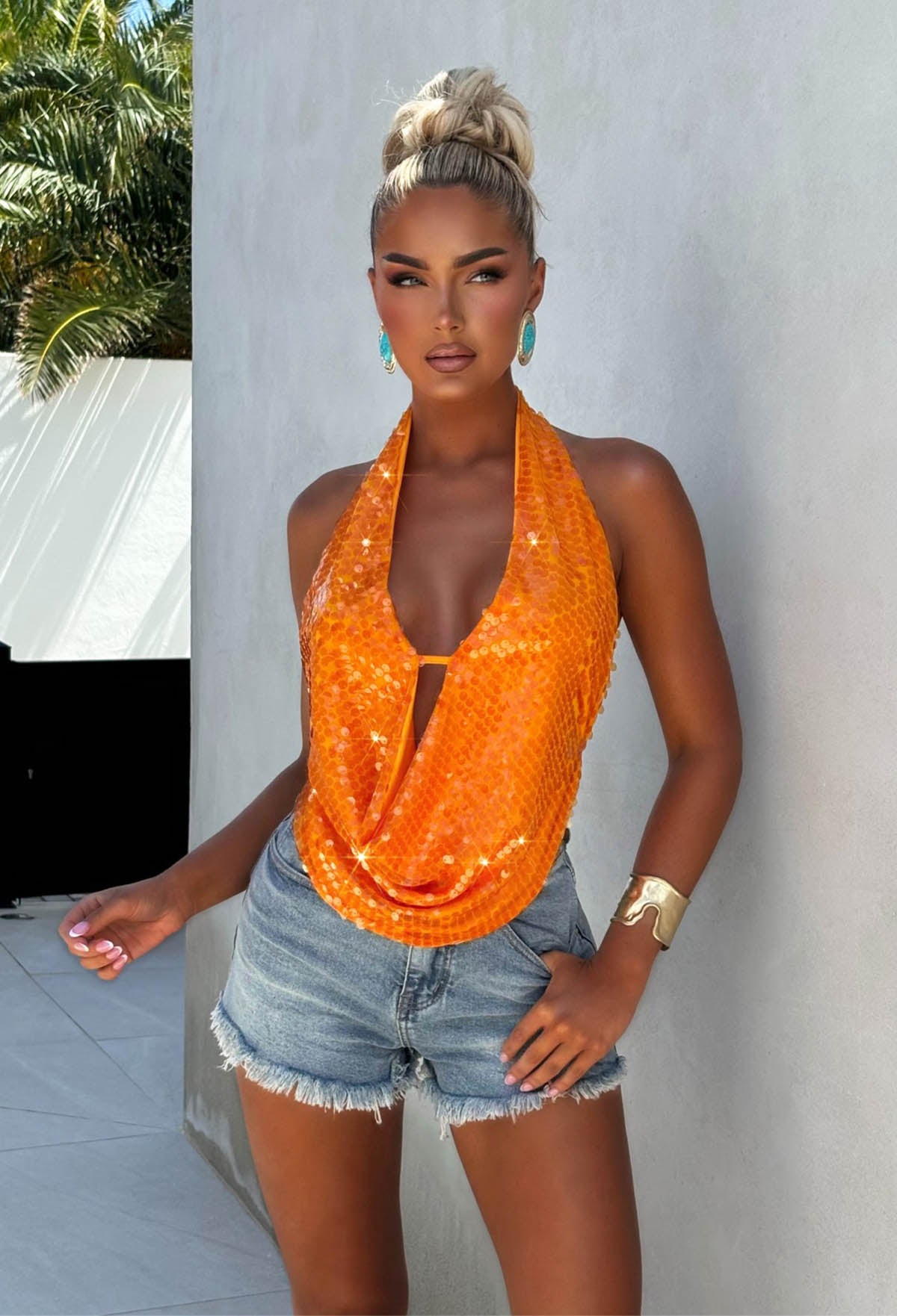 Sequin Siren Orange Sequin Cowl Neck Top