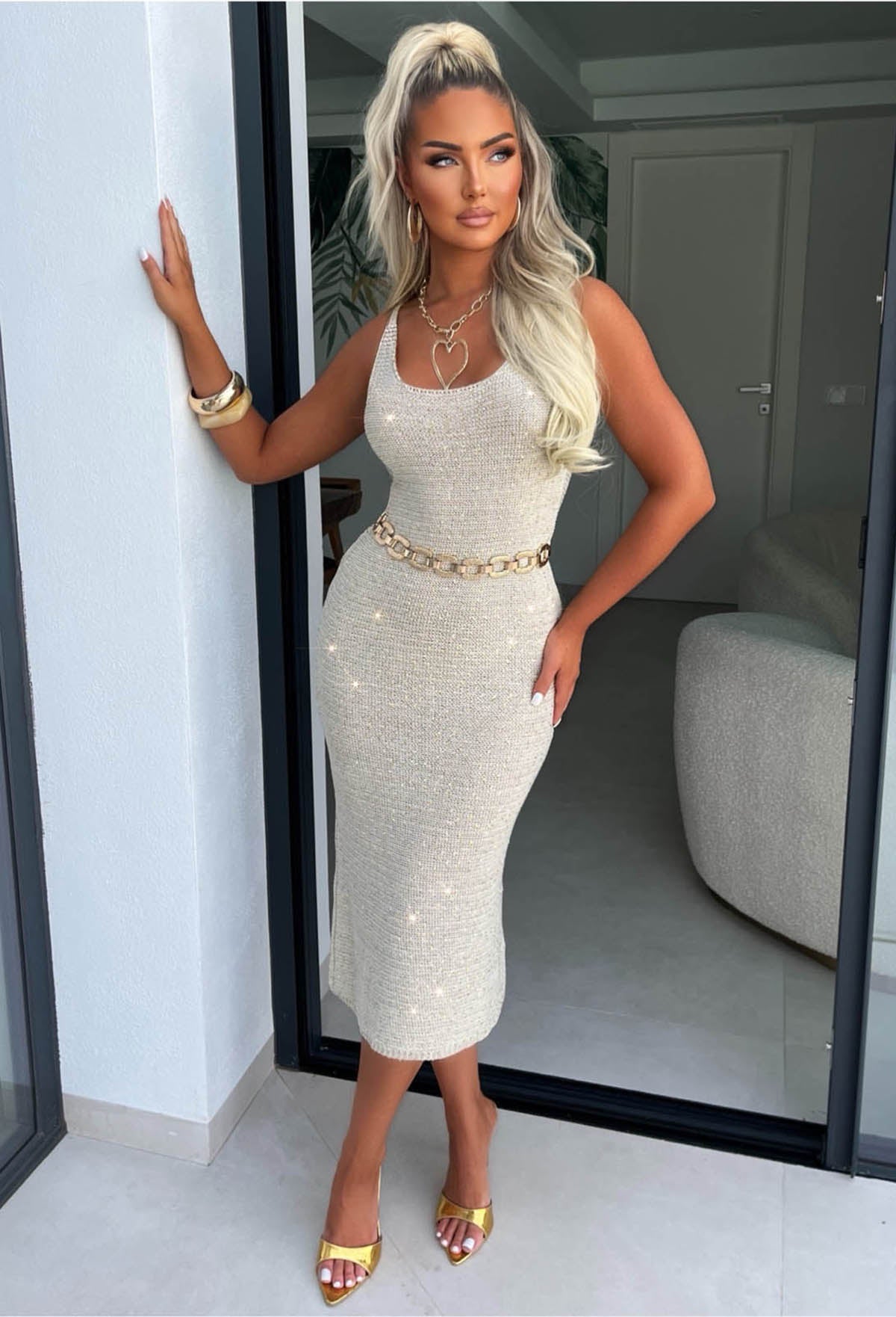 Serene Sands Gold Knitted Sequin Dress