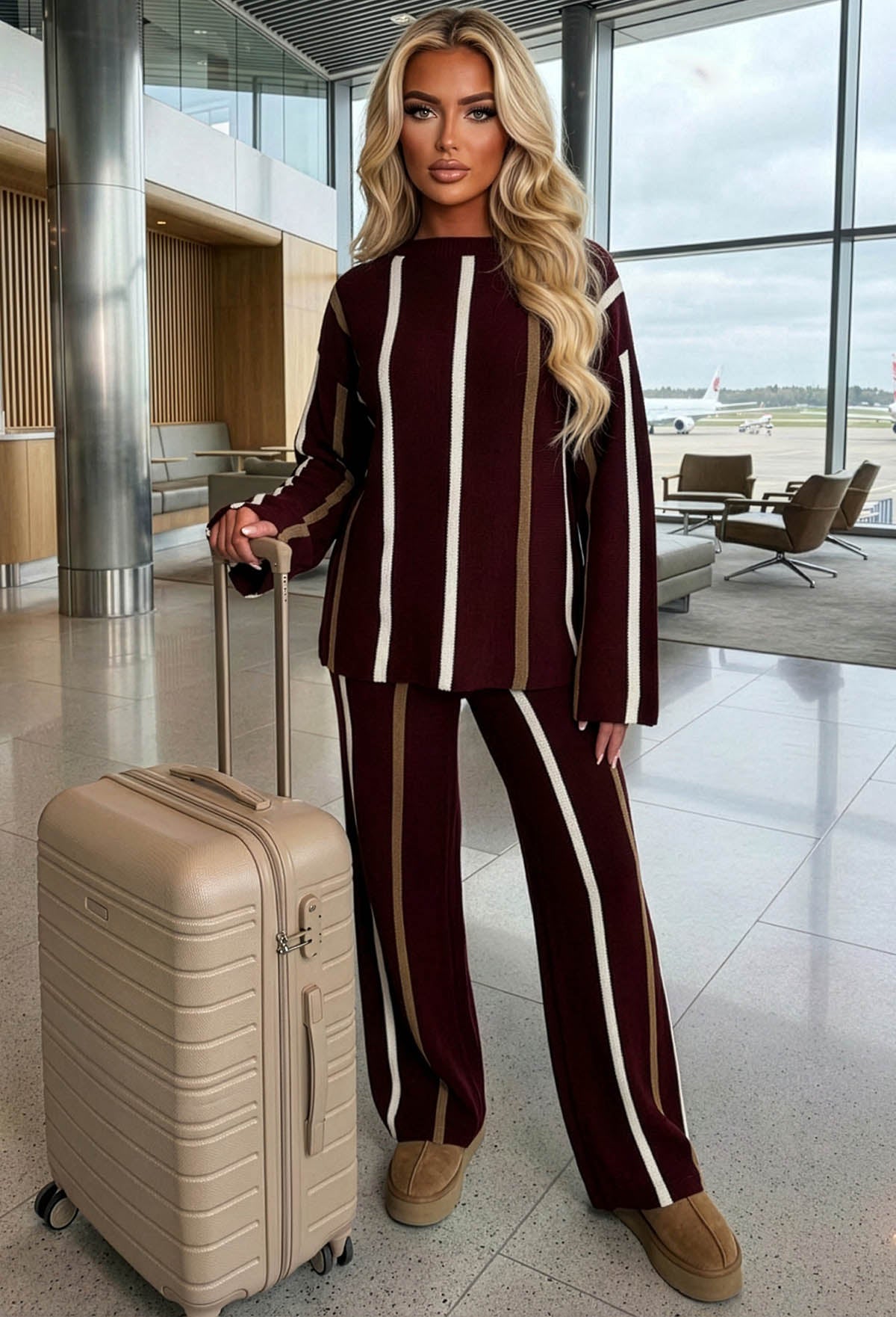 Serene Stripes Wine Knitted Vertical Stripe Co-Ord Set