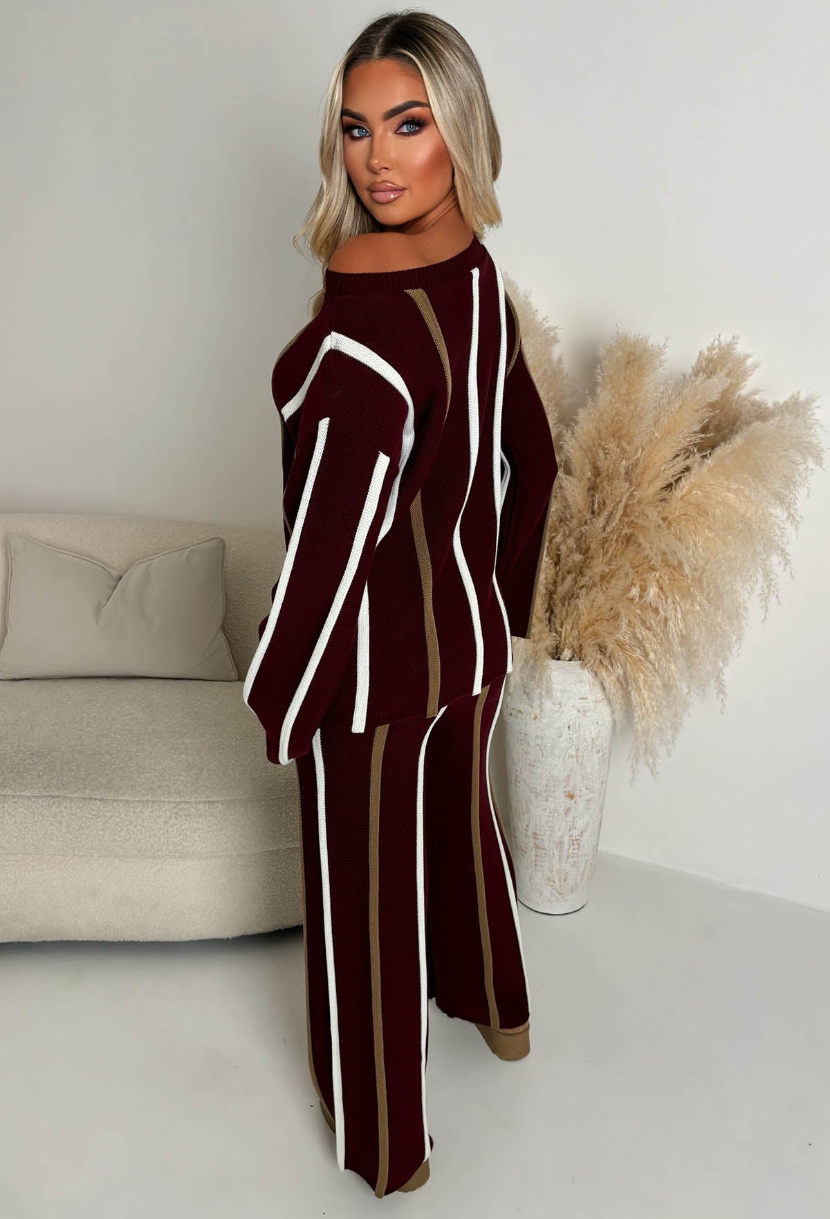 Serene Stripes Wine Knitted Vertical Stripe Co-Ord Set