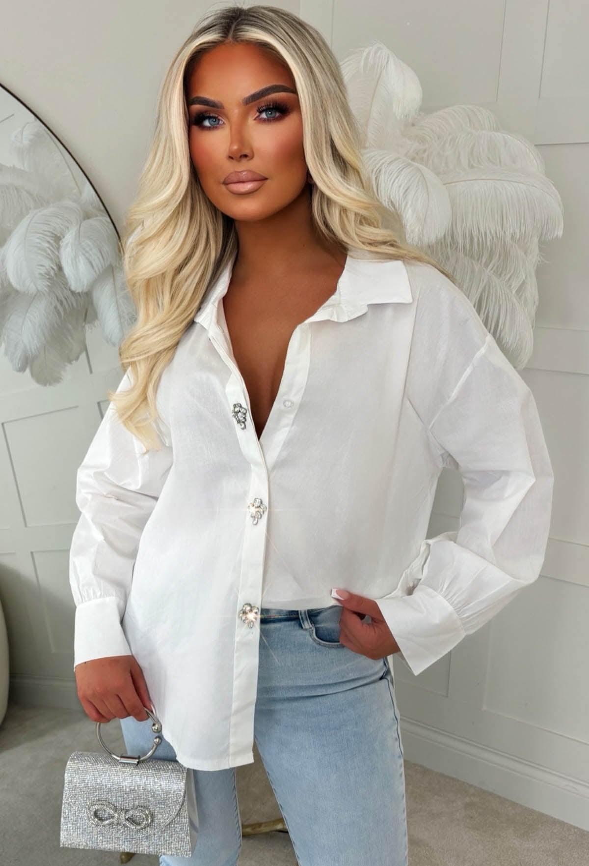 Serving Looks White Diamante Shirt