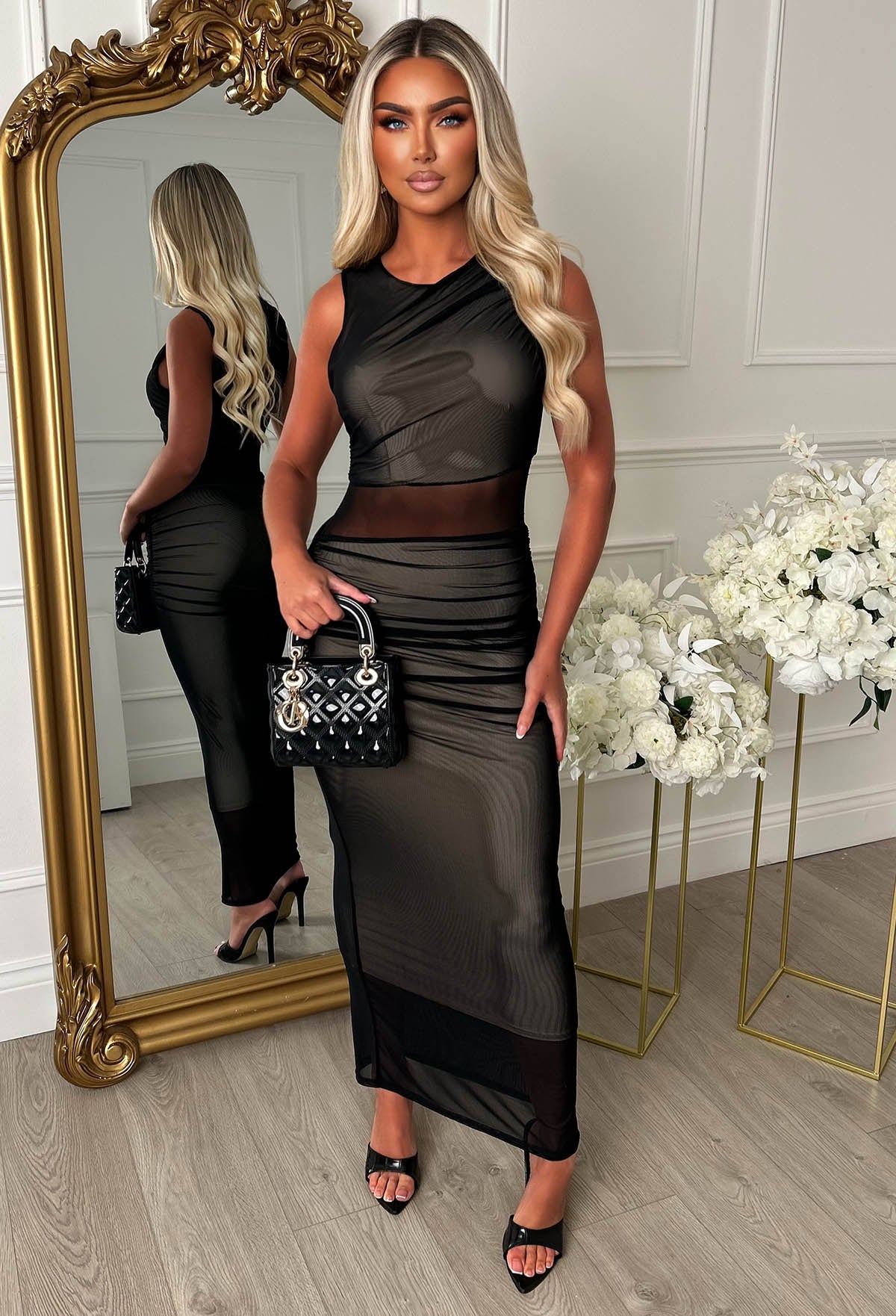 Shadow Seduction Black Ruched Mesh Panel Midaxi Dress