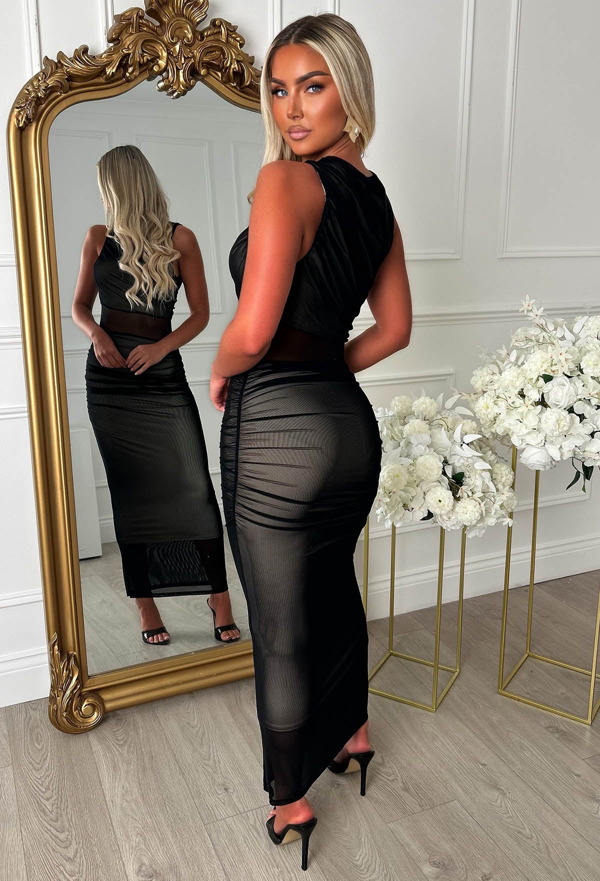 Shadow Seduction Black Ruched Mesh Panel Midaxi Dress