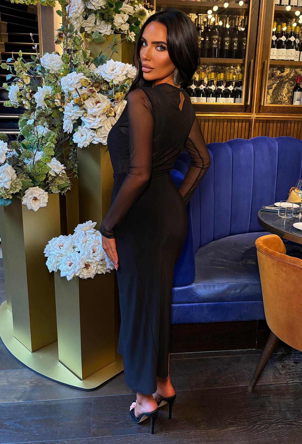 Sheer Deluxe Black Mesh Top Drape Midi Dress