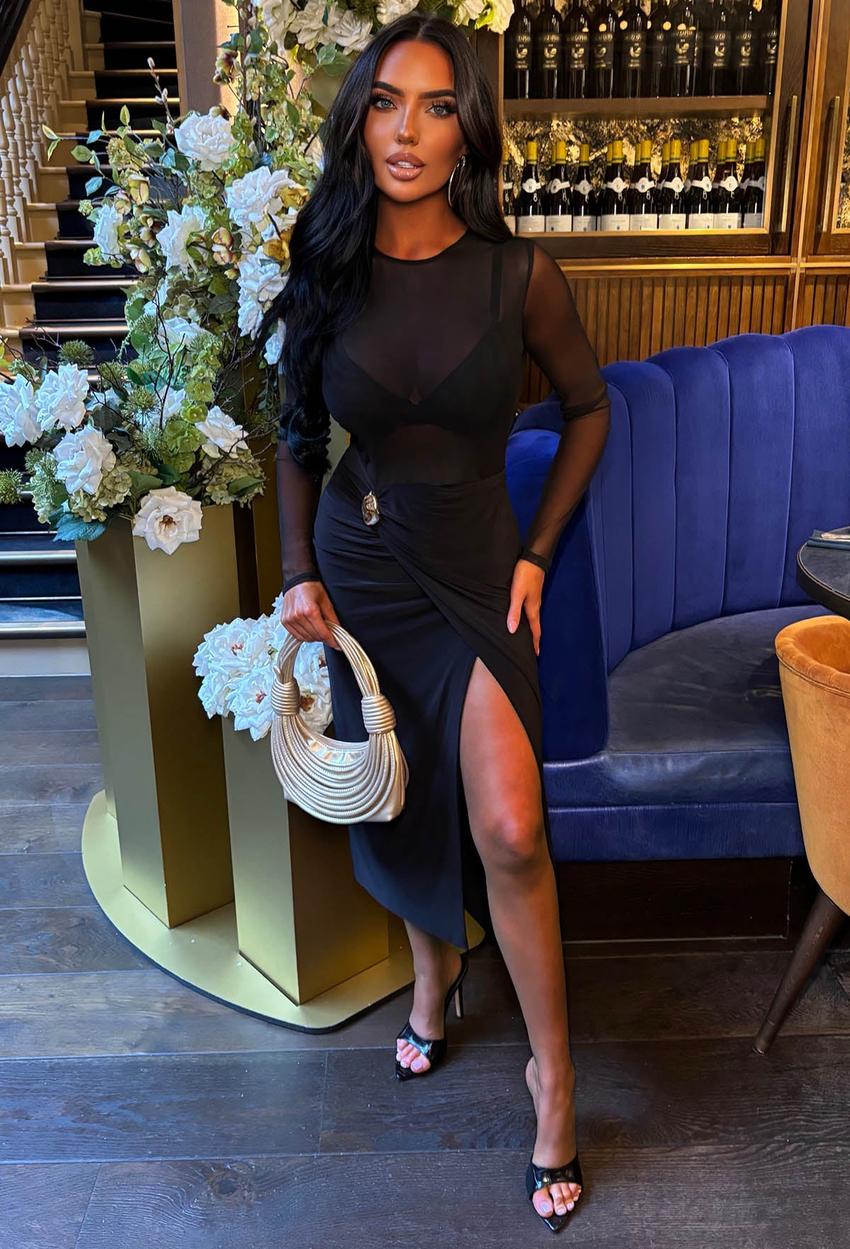 Sheer Deluxe Black Mesh Top Drape Midi Dress