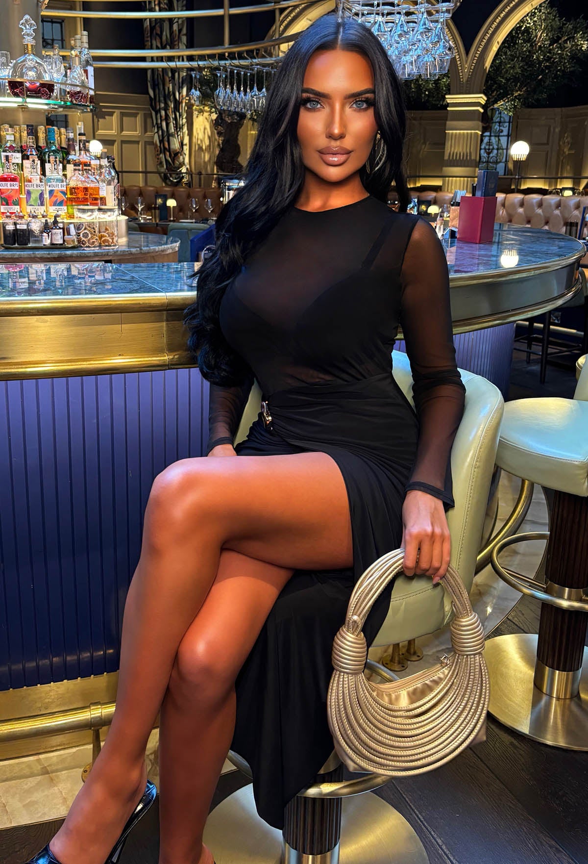 Sheer Deluxe Black Mesh Top Drape Midi Dress