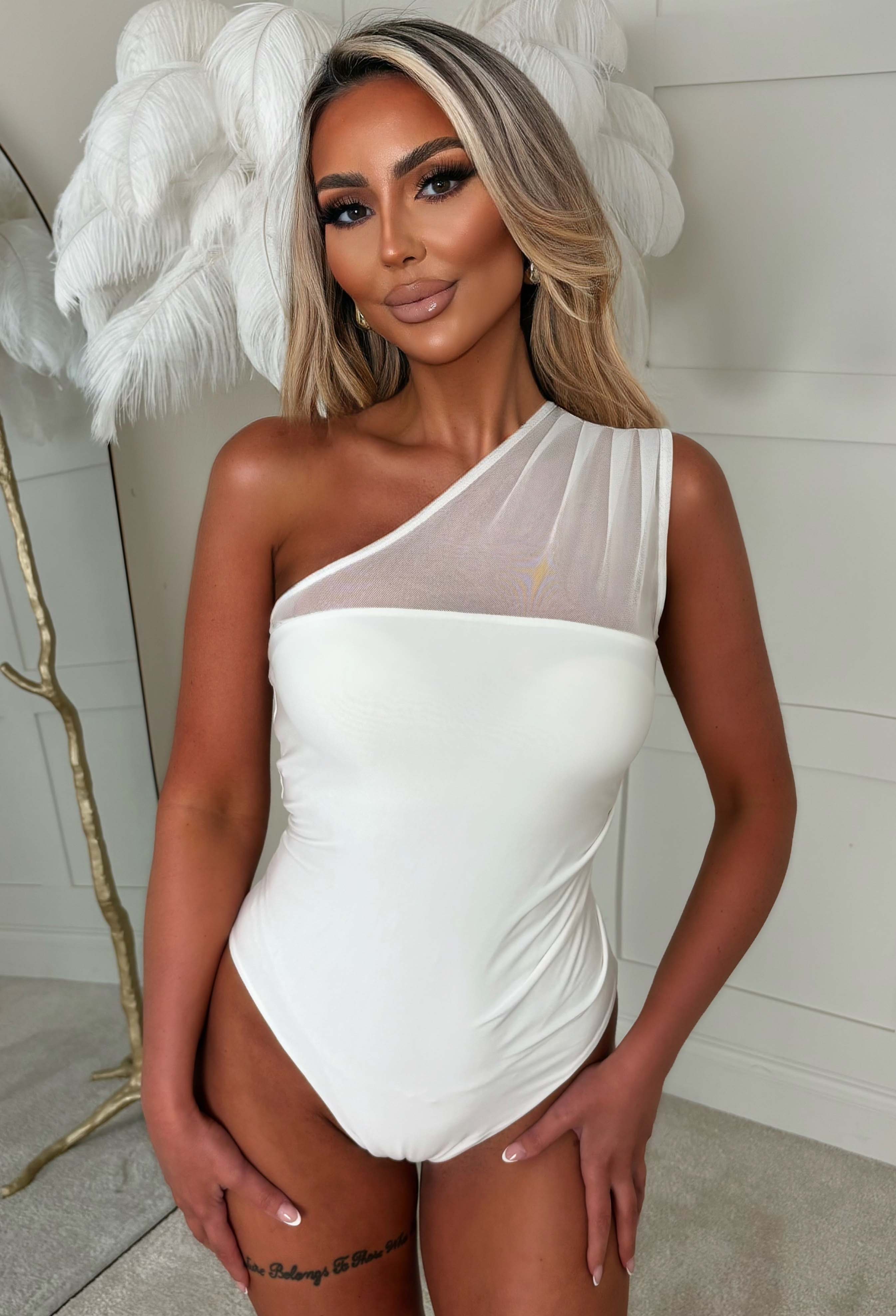 Sheer Desire White One Shoulder Jersey Mesh Ruched Bodysuit