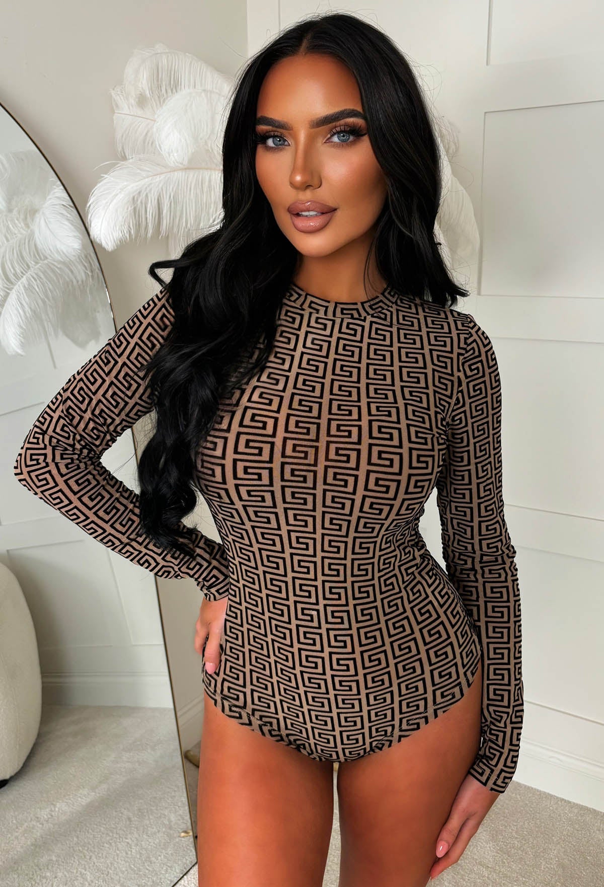 Sheer Power Nude Mesh Velvet Monogram Bodysuit