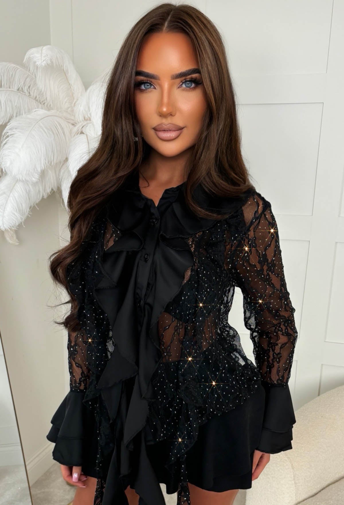 Sheer Statement Black Lace Frill Shirt | Pink Boutique