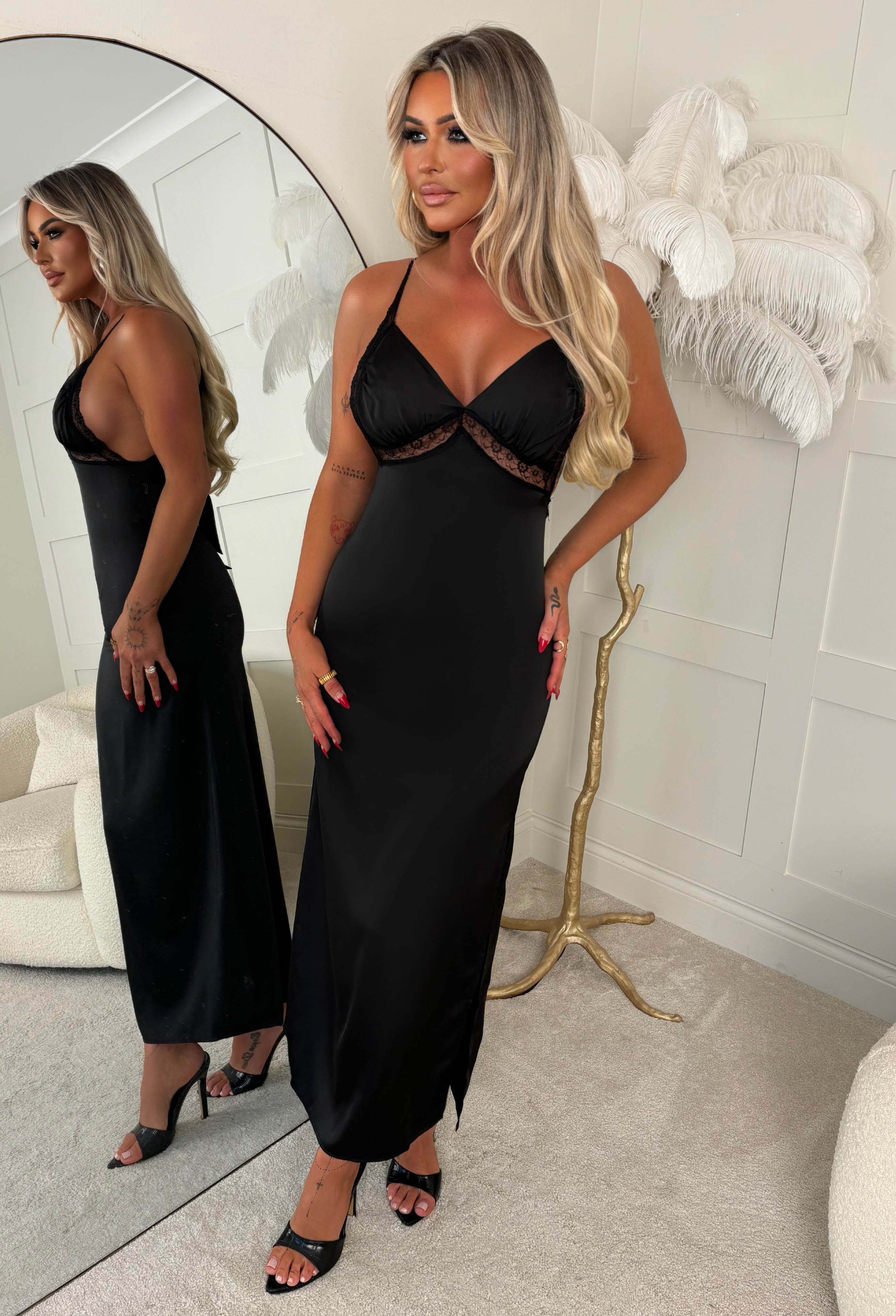 She's A Showstopper Black Satin Lace Maxi Cami Dress