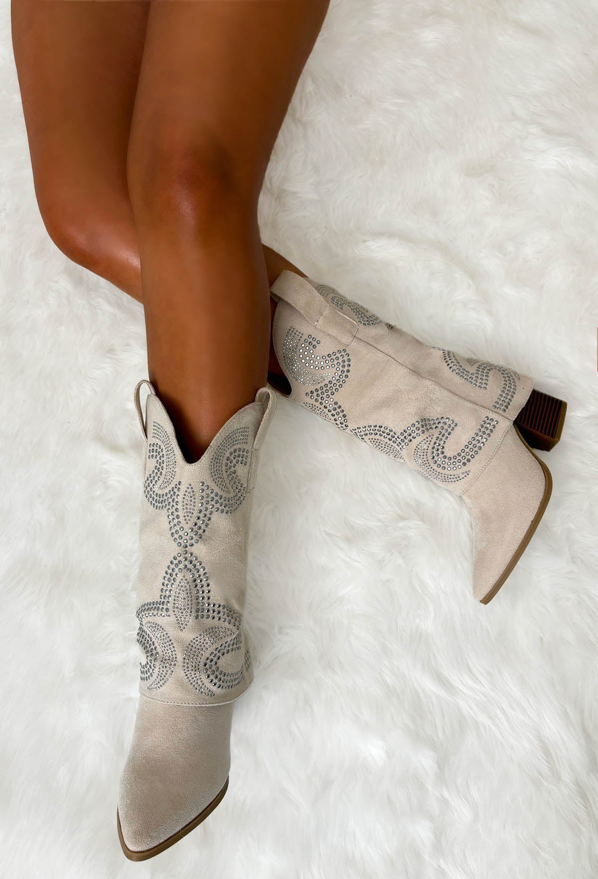 She's All That Beige Faux Suede Studded Fold Over Shark Boots