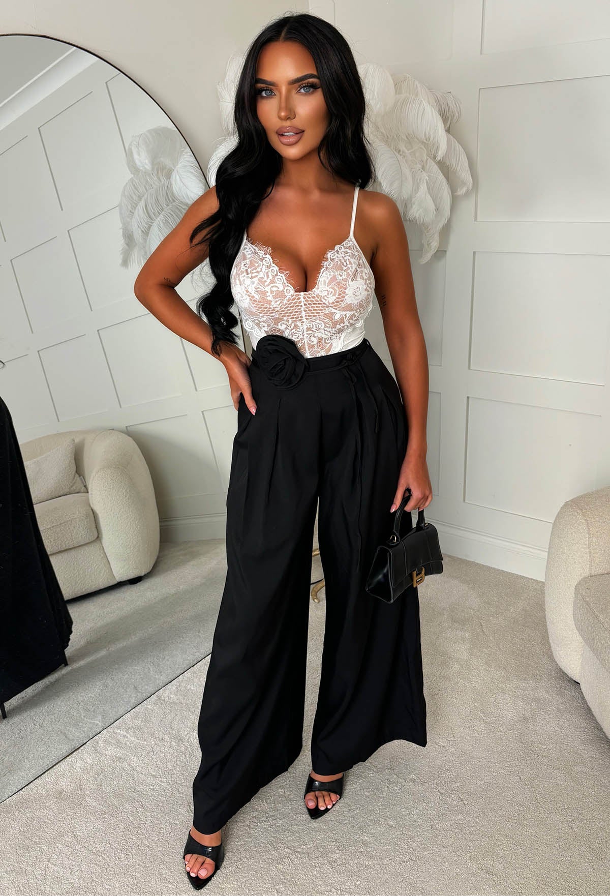 She's Blushing Black Corsage Detail Trousers