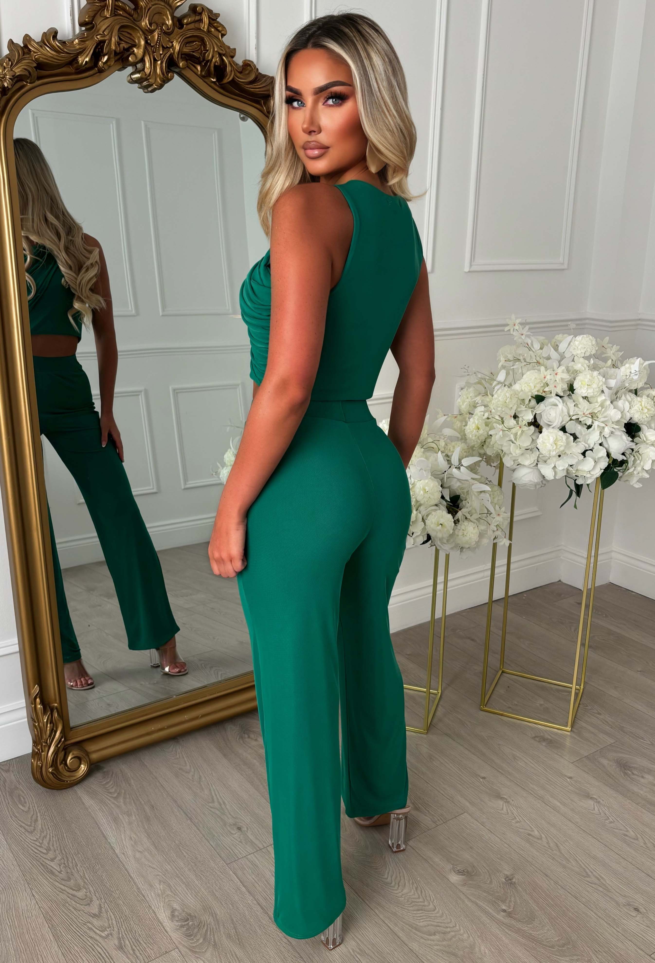 She's Got That Green Draped Mesh Top & Trouser Co-ord Set