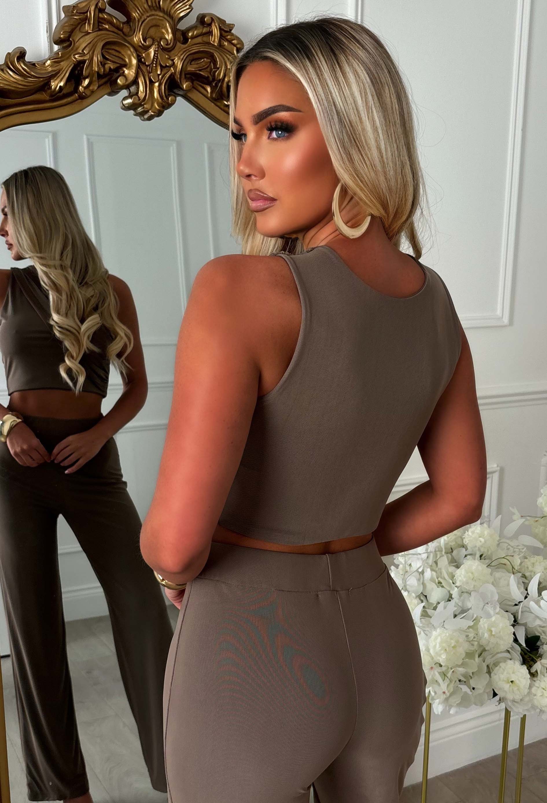 She's Got That Taupe Draped Mesh Top & Trouser Co-ord Set