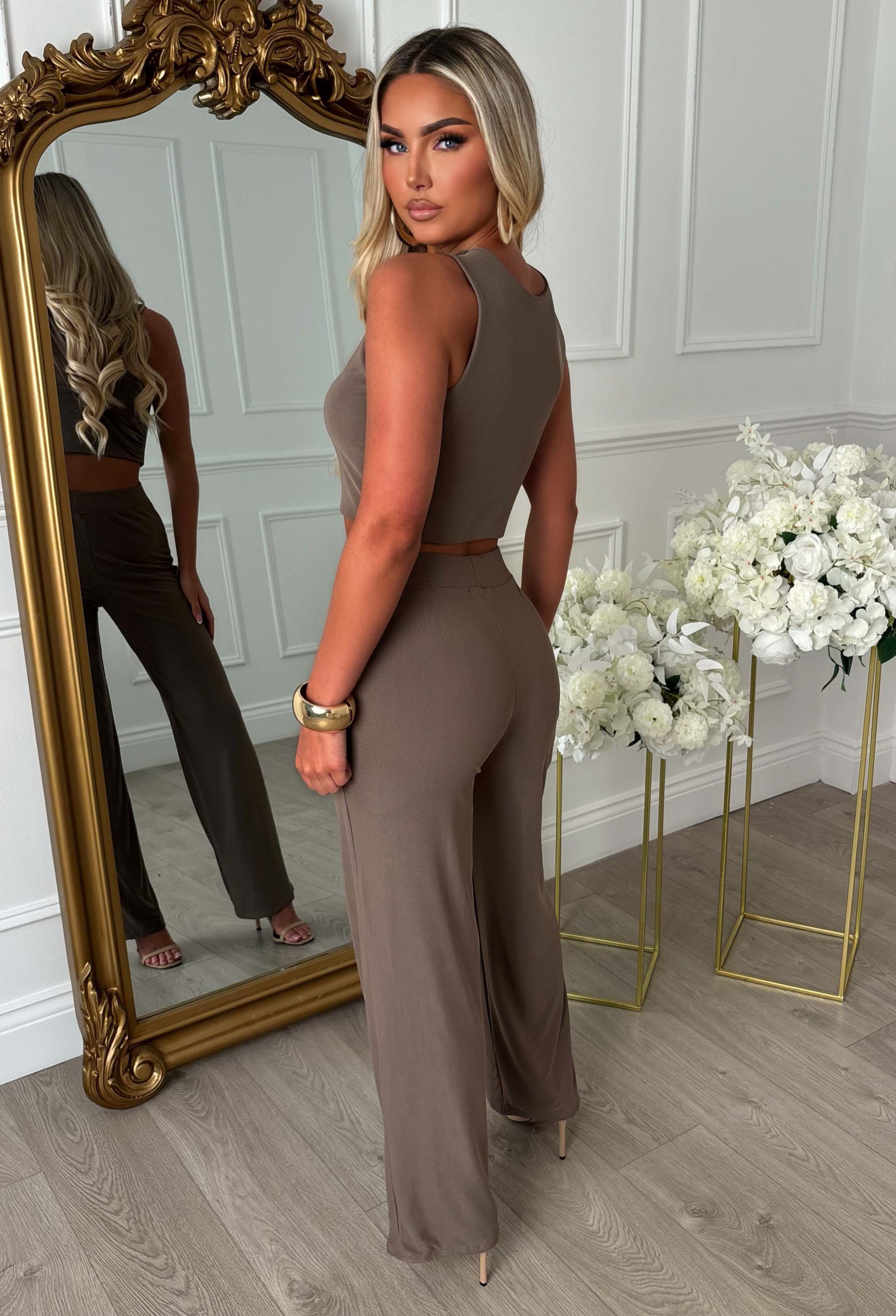 She's Got That Taupe Draped Mesh Top & Trouser Co-ord Set