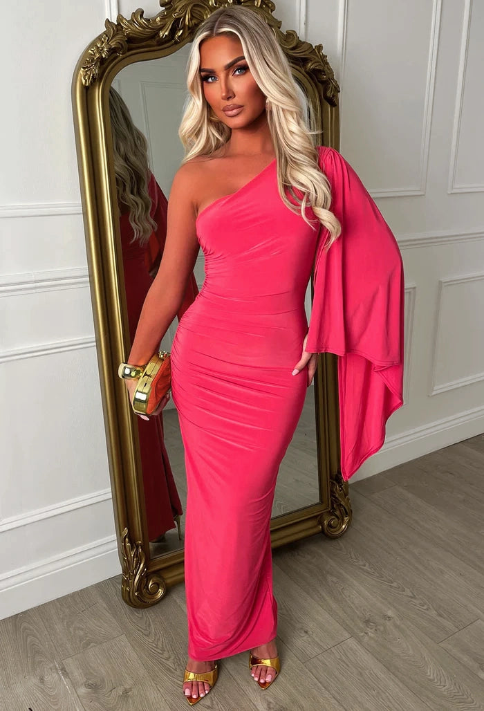 She's Sublime Pink One Shoulder Drape Sleeve Maxi Dress