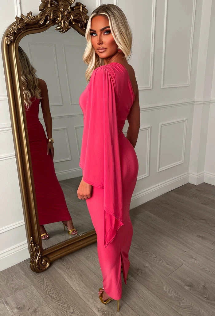 She's Sublime Pink One Shoulder Drape Sleeve Maxi Dress
