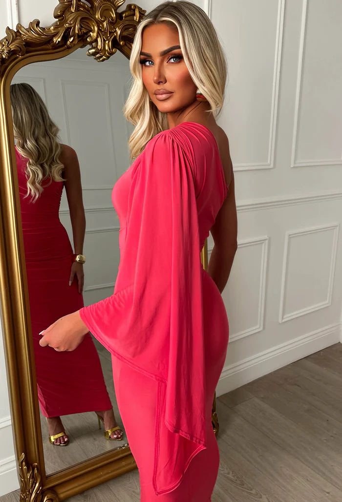 She's Sublime Pink One Shoulder Drape Sleeve Maxi Dress