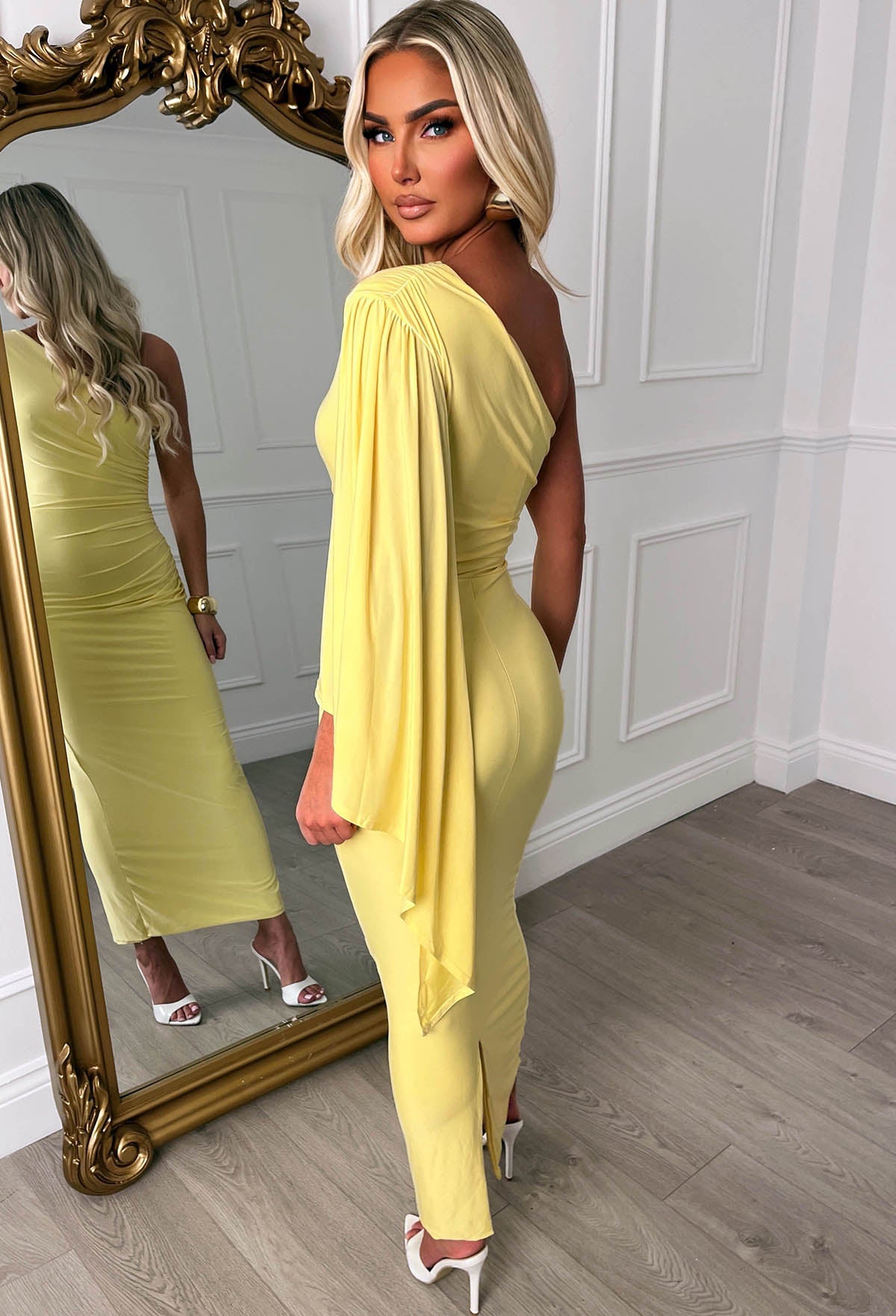 She's Sublime Lemon One Shoulder Drape Sleeve Maxi Dress