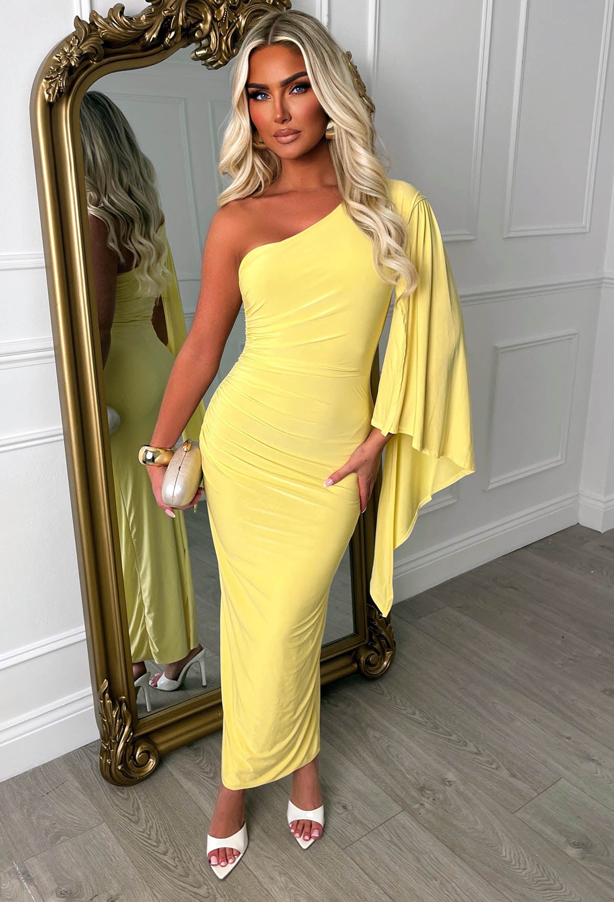 lemon maxi dress uk She's Sublime Lemon One Shoulder Drape Sleeve Maxi Dress