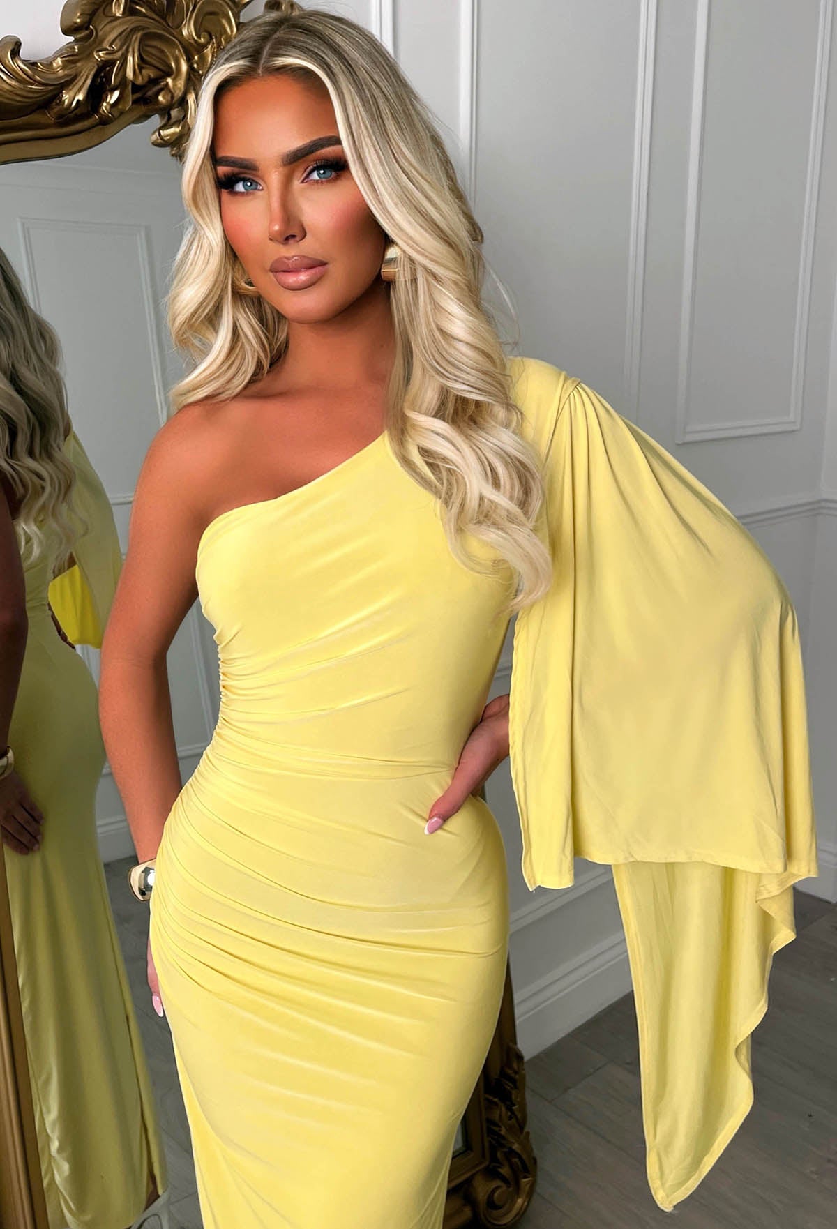 She's Sublime Lemon One Shoulder Drape Sleeve Maxi Dress