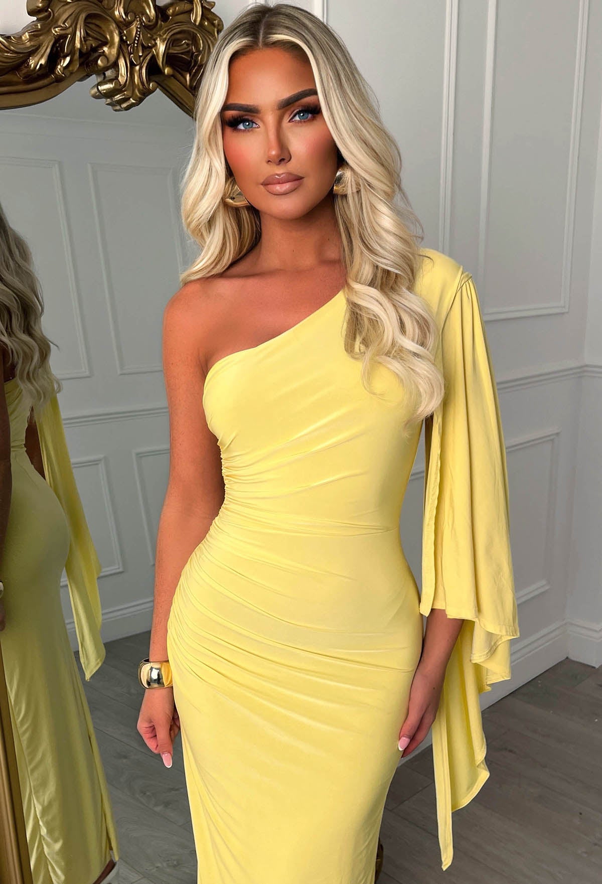 She's Sublime Lemon One Shoulder Drape Sleeve Maxi Dress