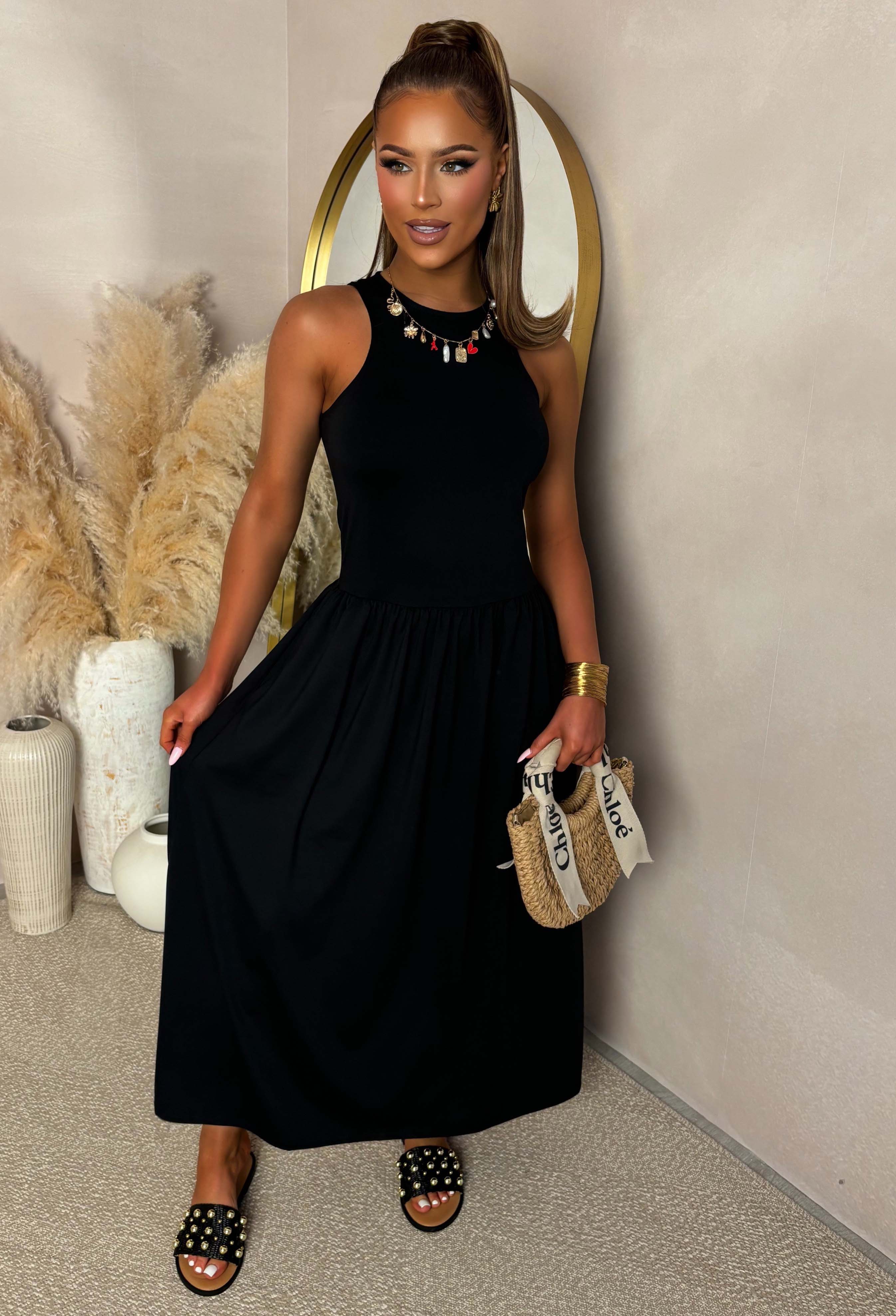 She's The Best Black Gathered Skirt Midaxi Dress