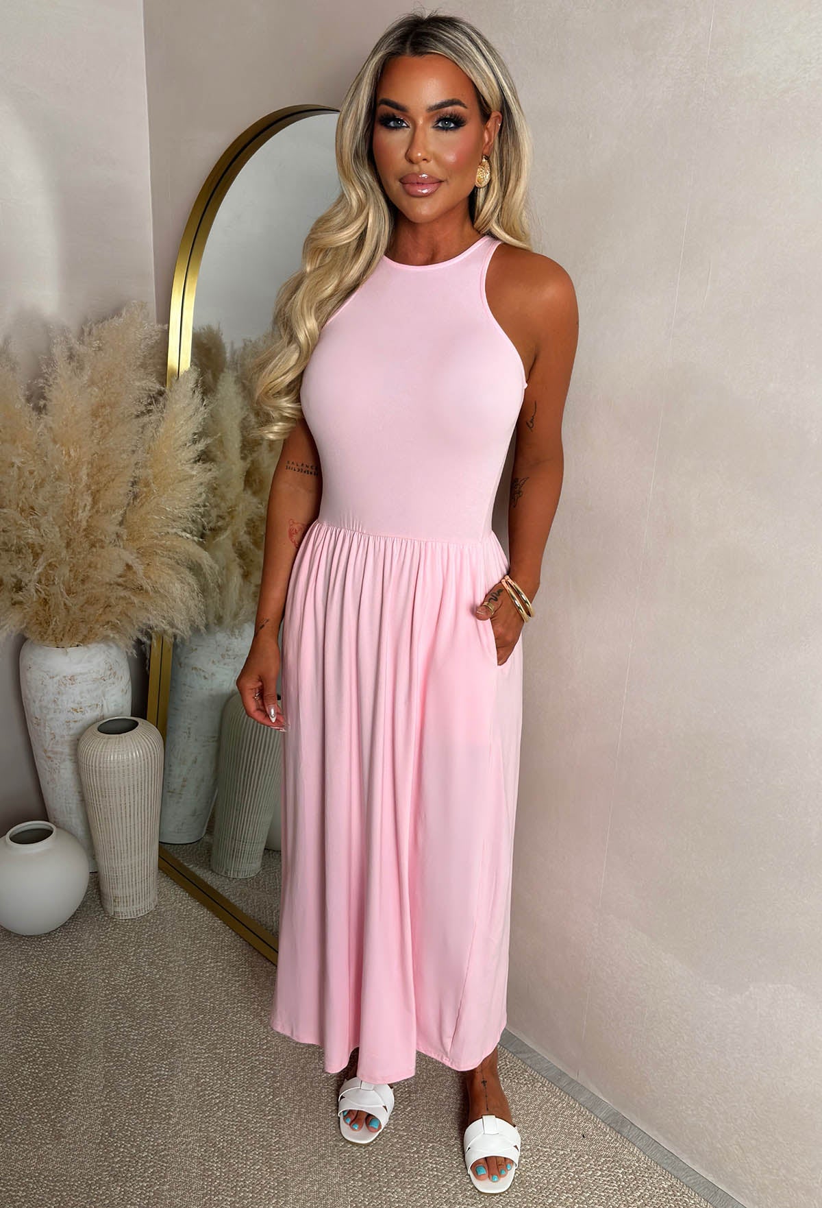 She's The Coolest Pink Gathered Skirt Midaxi Dress