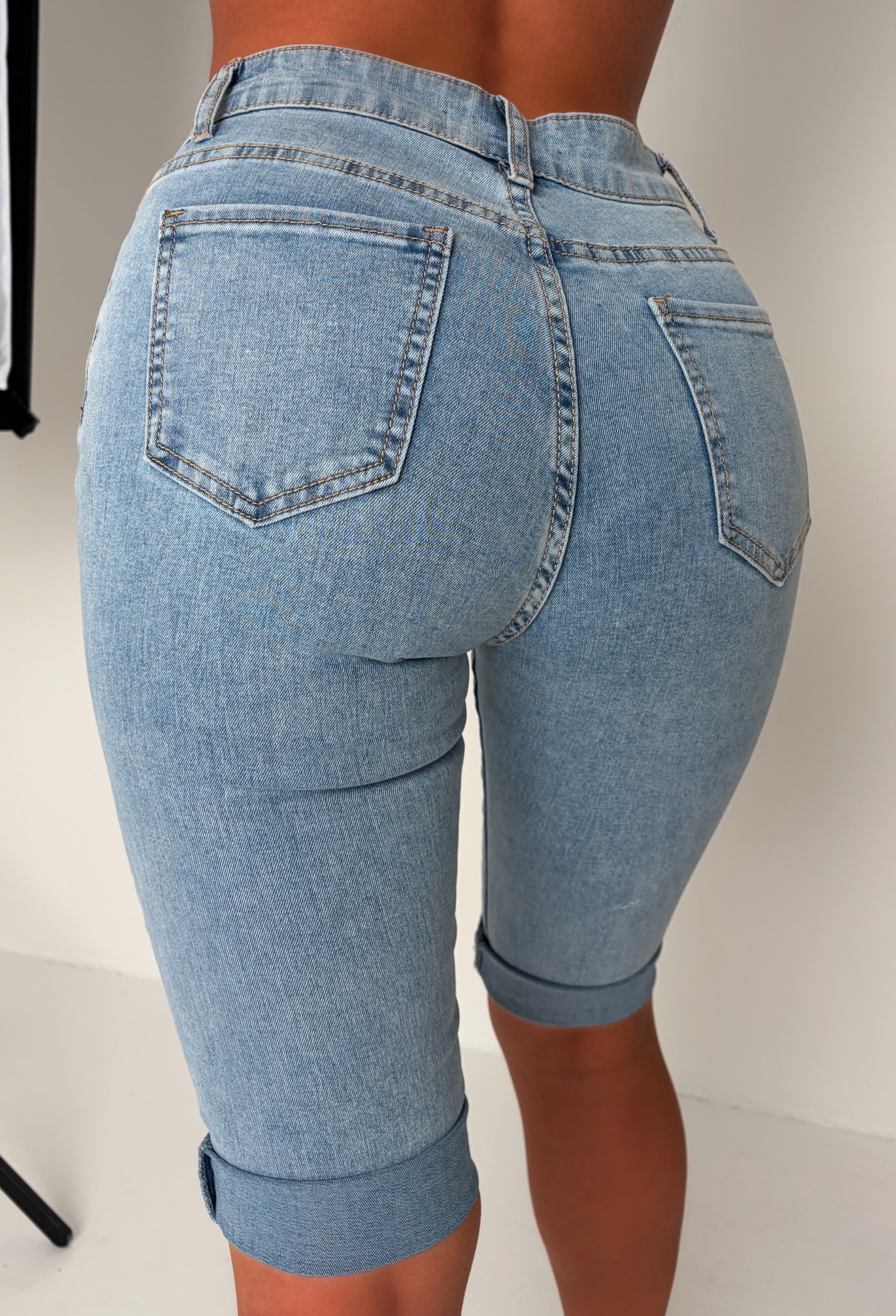 She's Untouchable Light Wash Stretch Pedal Pusher Turn Up Capri Jeans