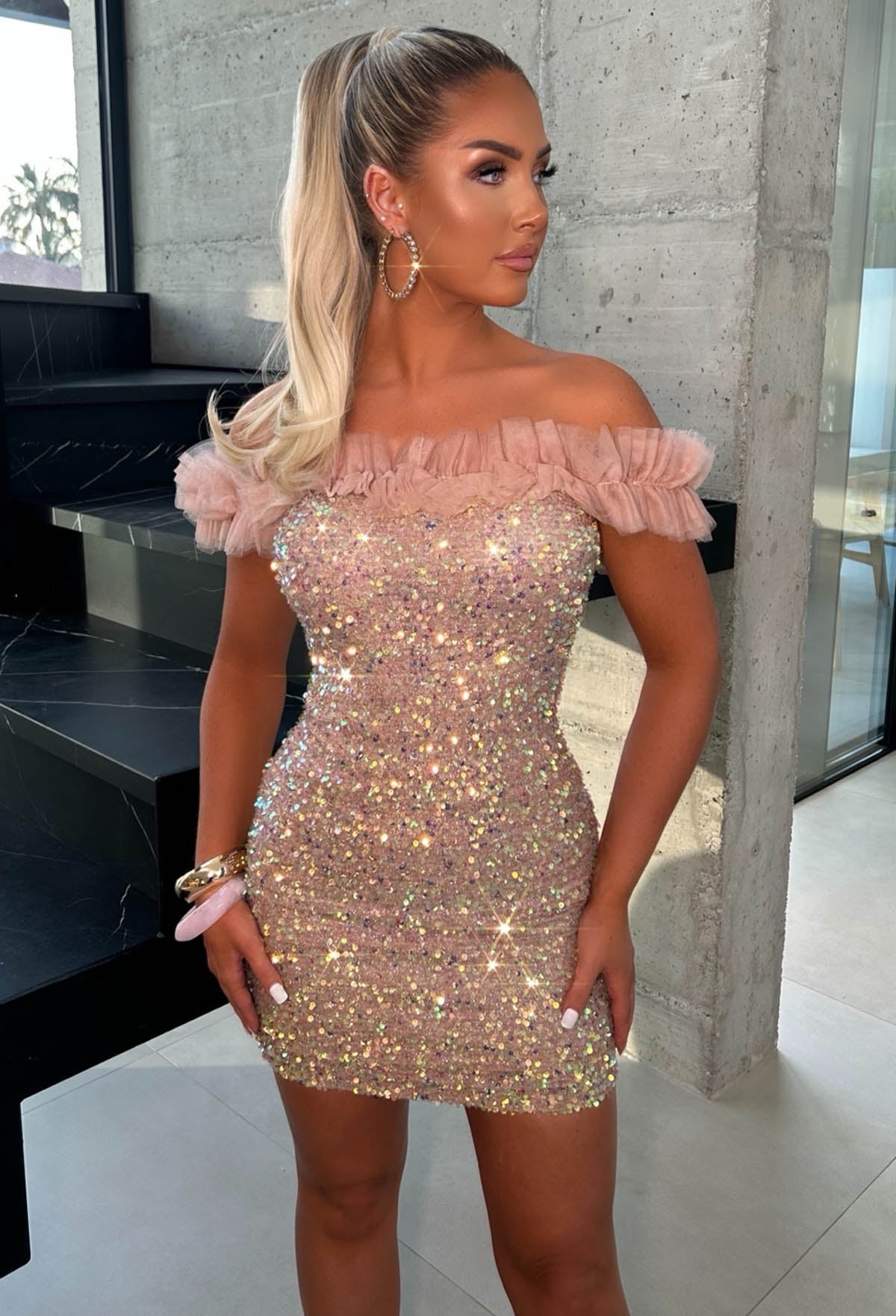 Shimmer Season Mauve Sequin Ruffle Detail Mini Dress Pink Boutique