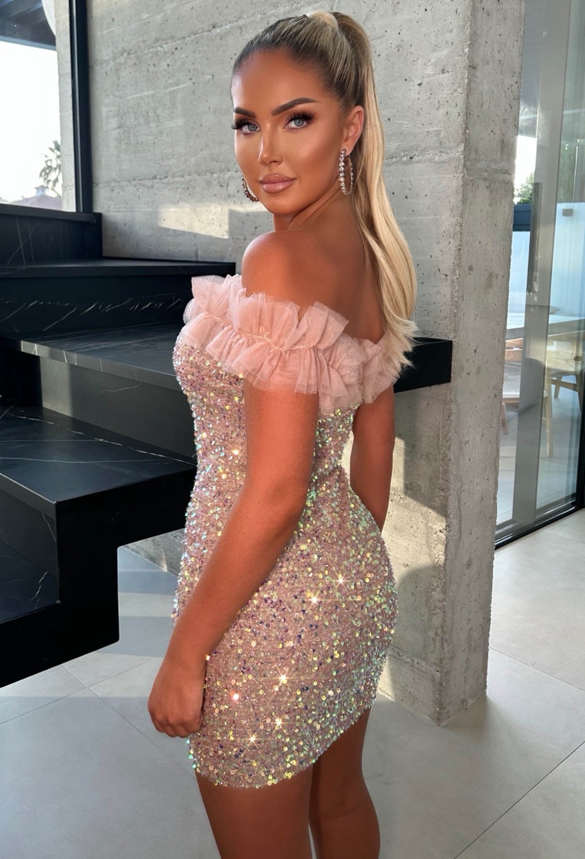 Shimmer Season Mauve Sequin Ruffle Detail Mini Dress