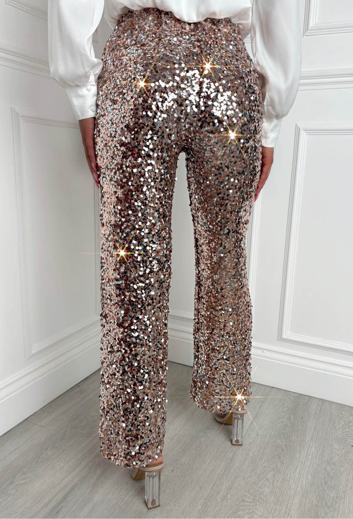 Shimmering Chic Rose Gold Stretch Sequin Flared Trousers