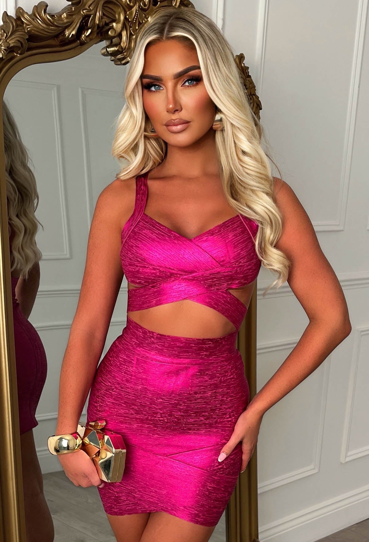 Shimmering Couture Hot Pink Metallic Bandage Top & Skirt Co-ord Set