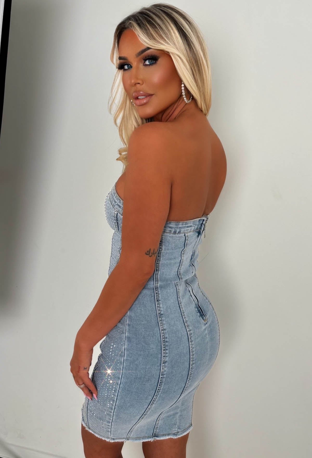 Shine & Chic Mid Wash Stretch Sparkle Bandeau Denim Dress With Frayed Hem