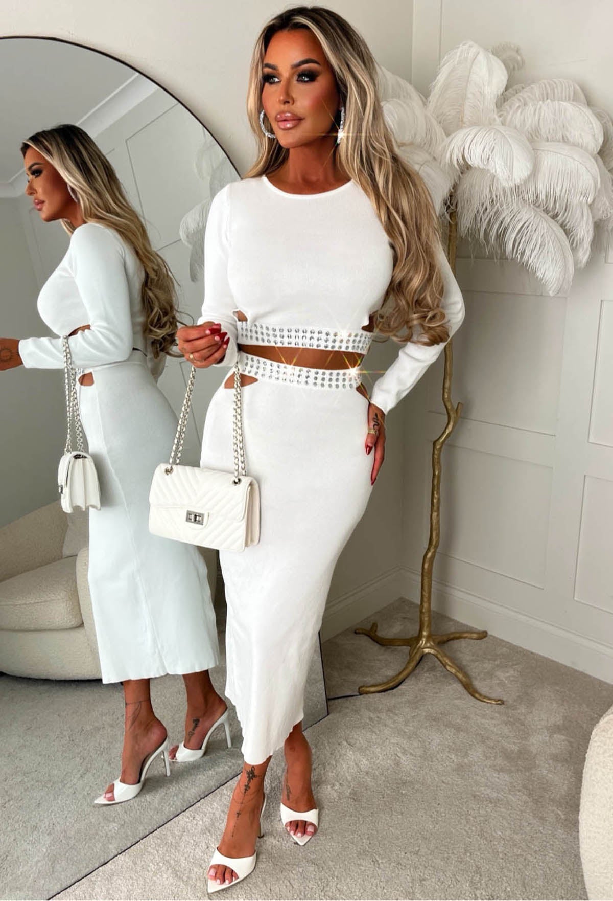 Shine So Bright White Knitted Embellished Co-ord Set