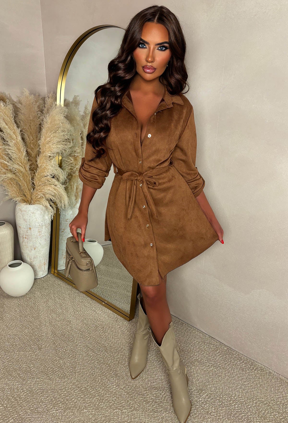 suede shirt dress Shirty & Flirty Tan Suedette Shirt Dress