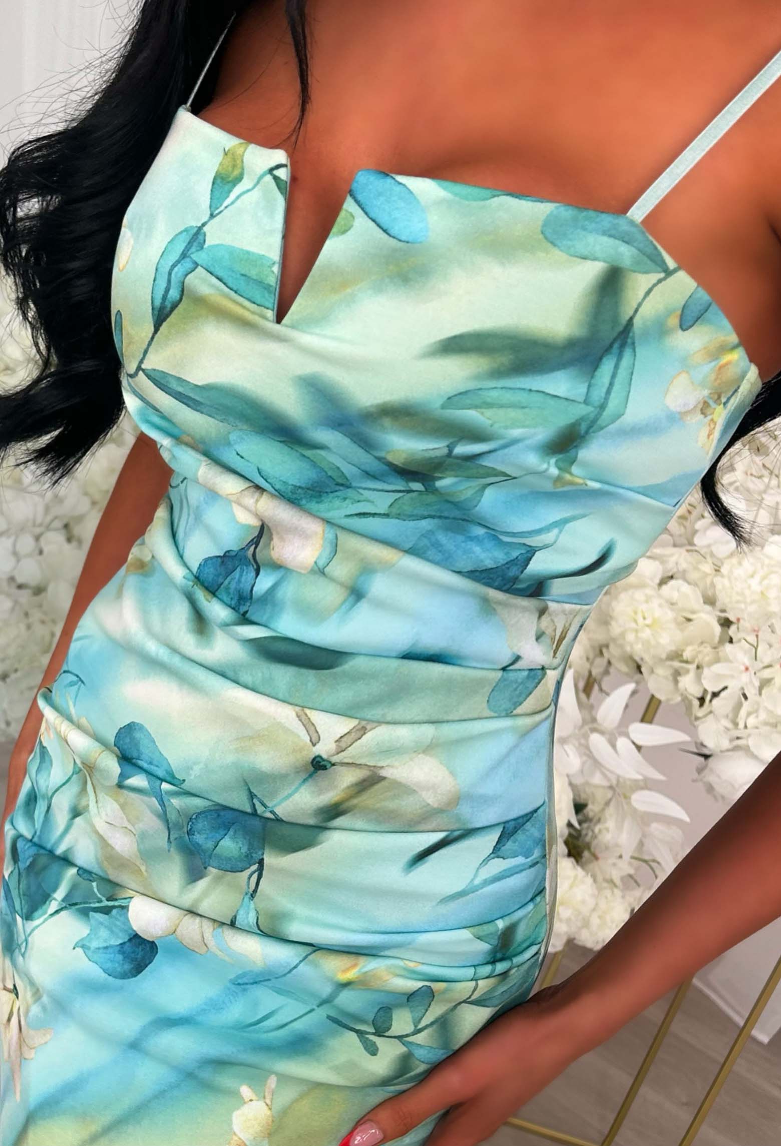 Show Some Love Green Notch Neck Ruched Print Midi Dress