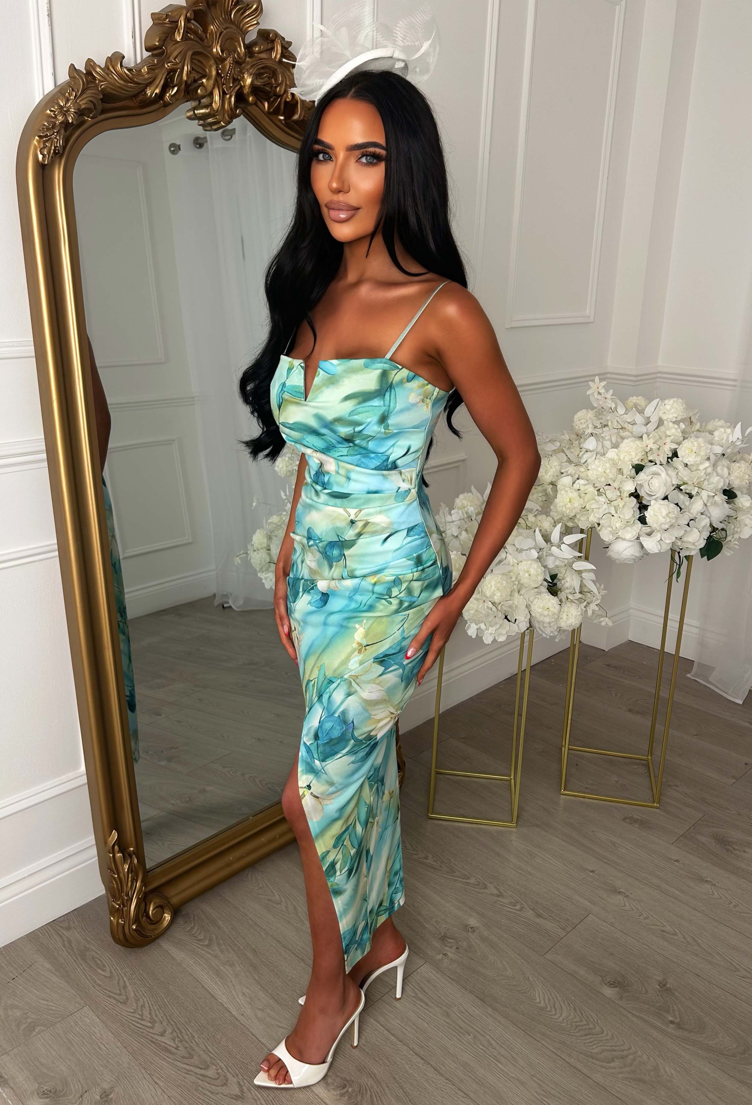 Show Some Love Green Notch Neck Ruched Print Midi Dress