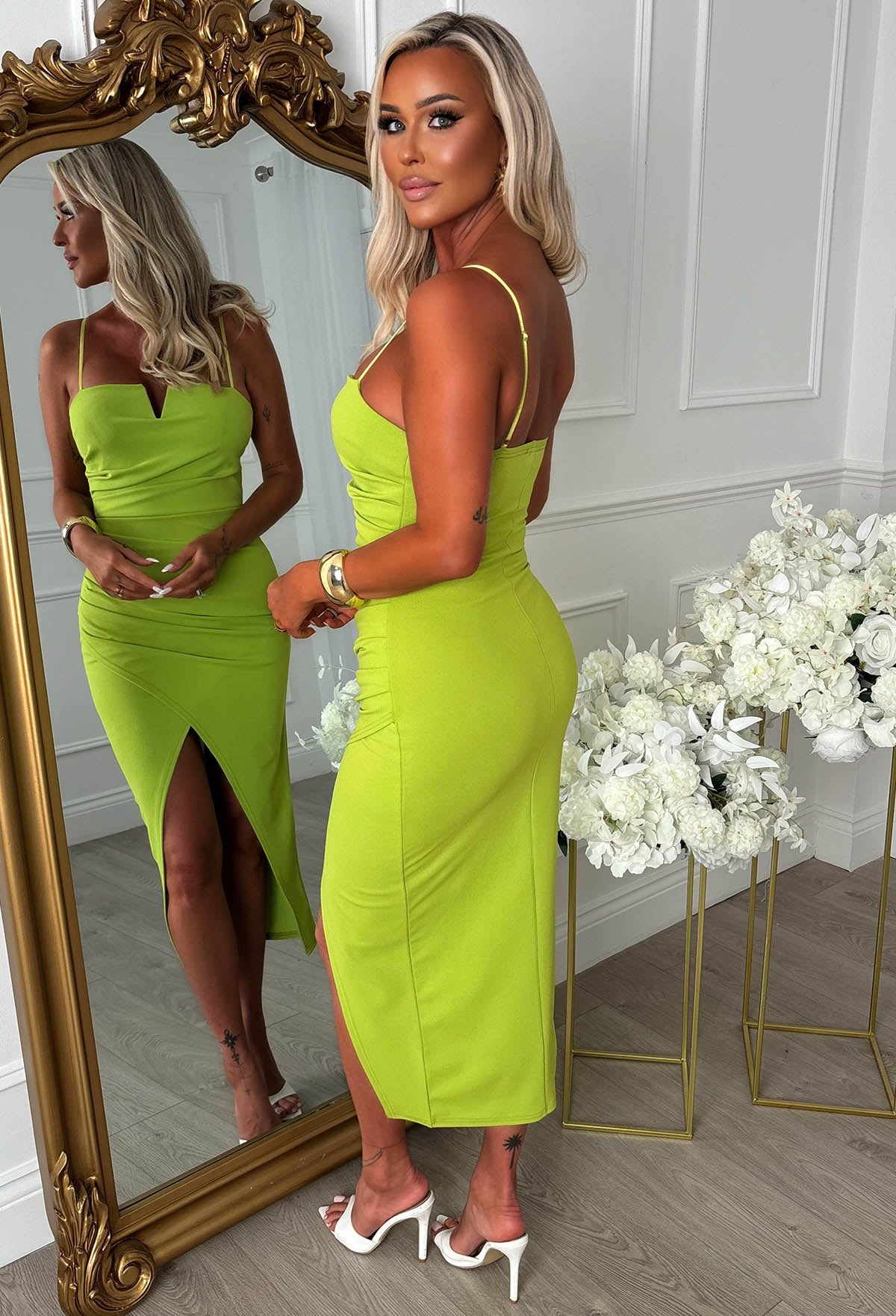 Show Some Love Lime Notch Neck Ruched Print Midi Dress