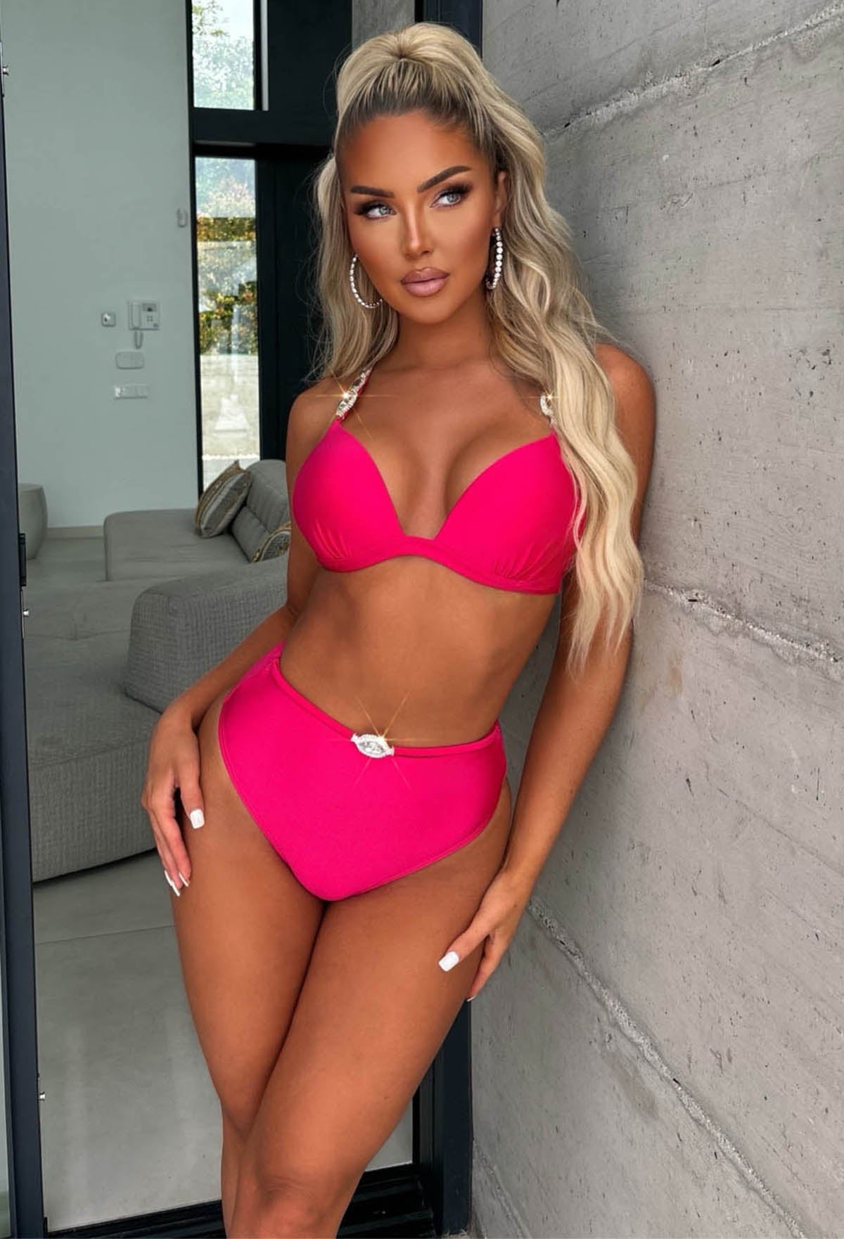 Sicily Hot Pink High Waist Embellished Bikini