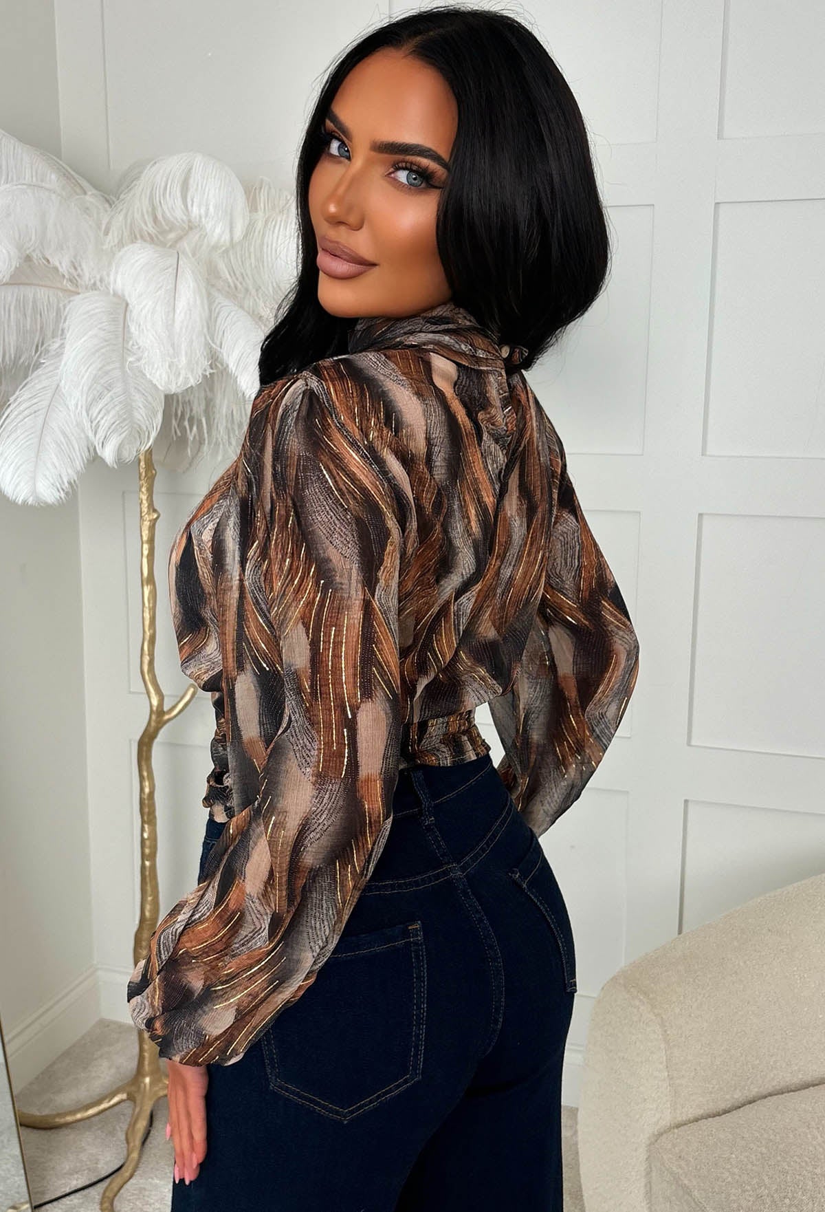 Sienna Brown Hatch Foil Print High Neck Blouse