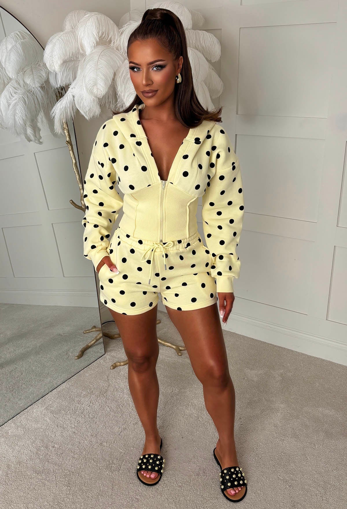 Signature Moment Yellow Polka Dot Zipped Hoodie And Shorts Lounge Co-Ord Set