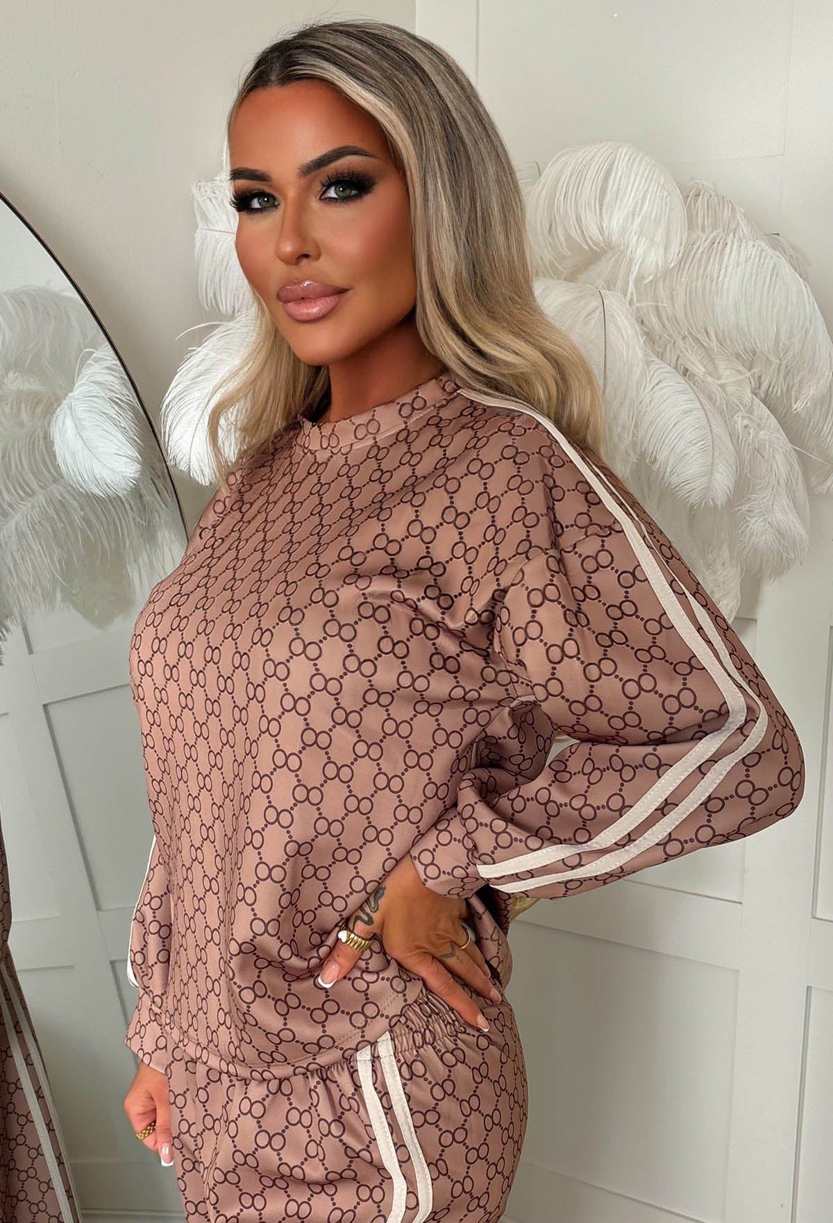 Signature Set Beige Monogram Sweatshirt & Joggers Lounge Co-Ord Set