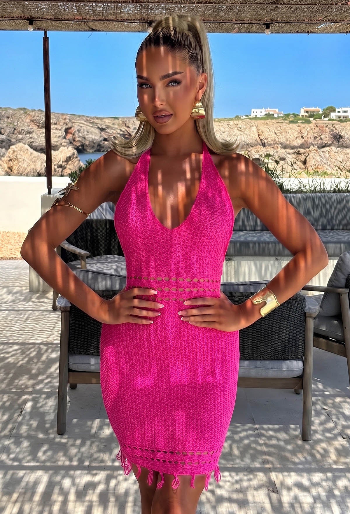 Siren Sounds Hot Pink Crochet Mini Dress | Pink Boutique Siren Sounds Hot Pink Crochet Mini Dress | Pink Boutique